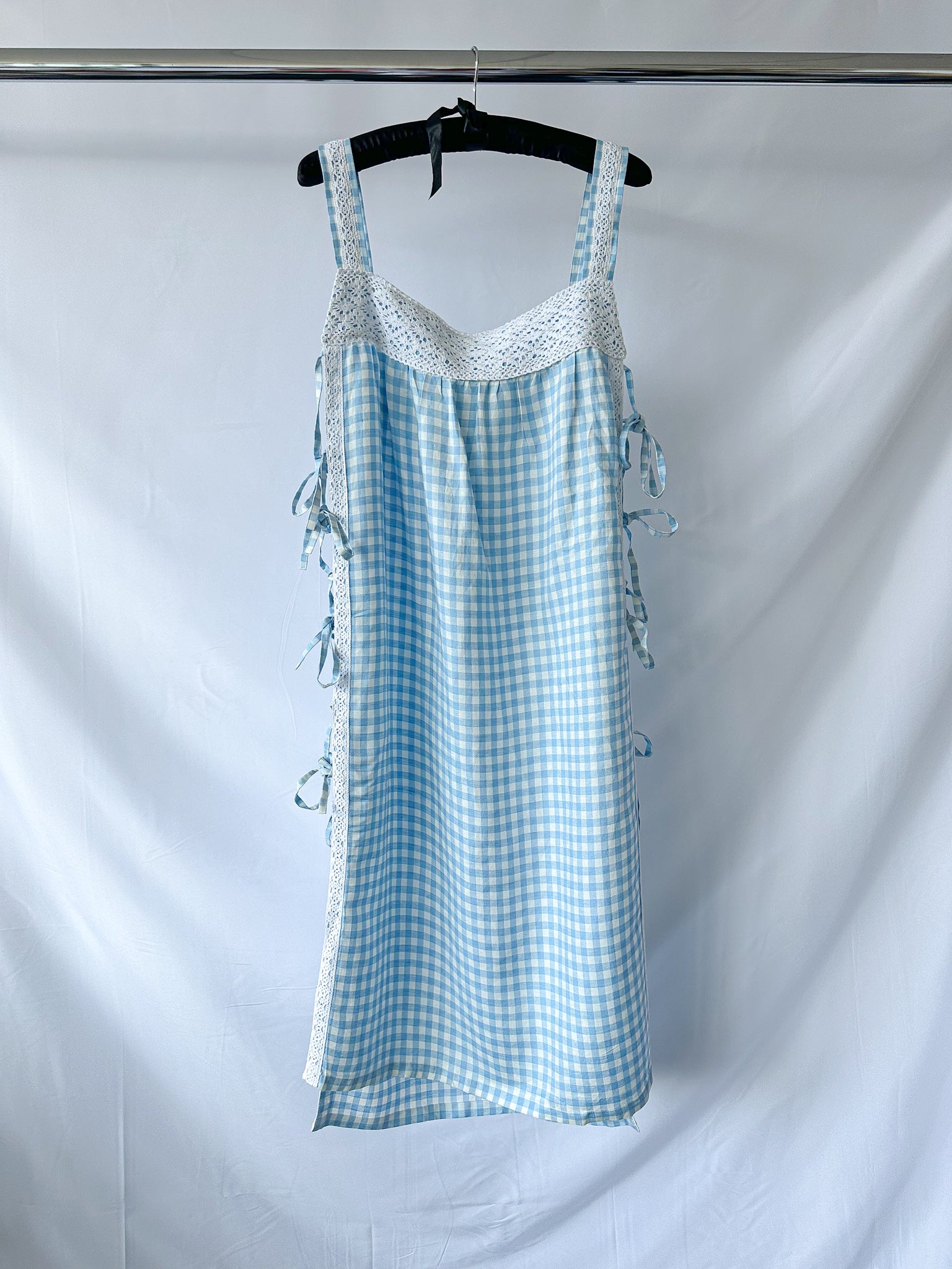 Sleeper Greta Gingham Blue White Pattern Linen Midi Dress