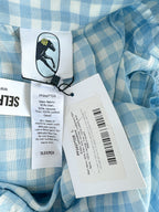 Sleeper Greta Gingham Blue White Pattern Linen Midi Dress