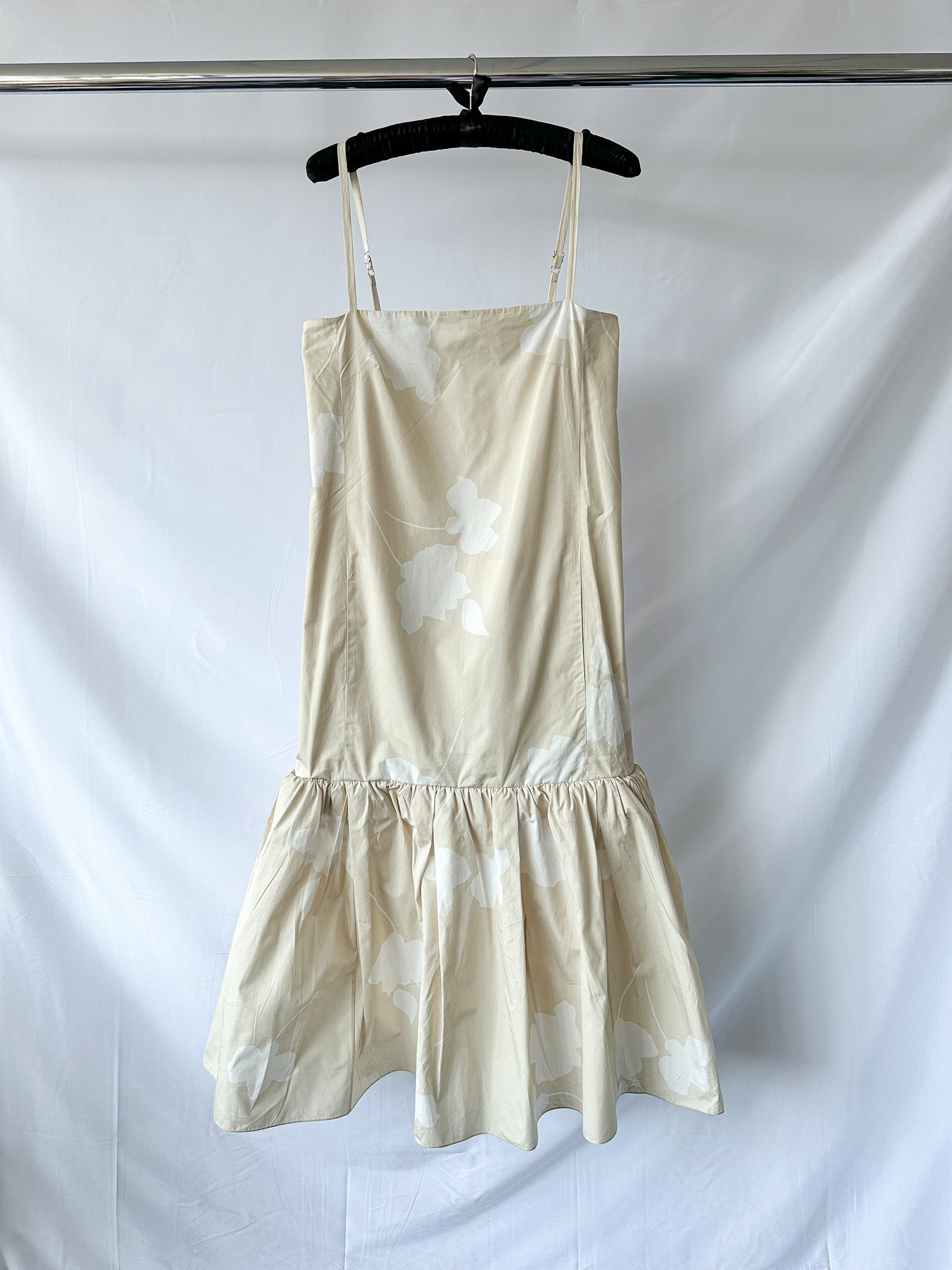 Another Tomorrow Floral Gathered Flounce Hem Cream Organic Cotton Dress