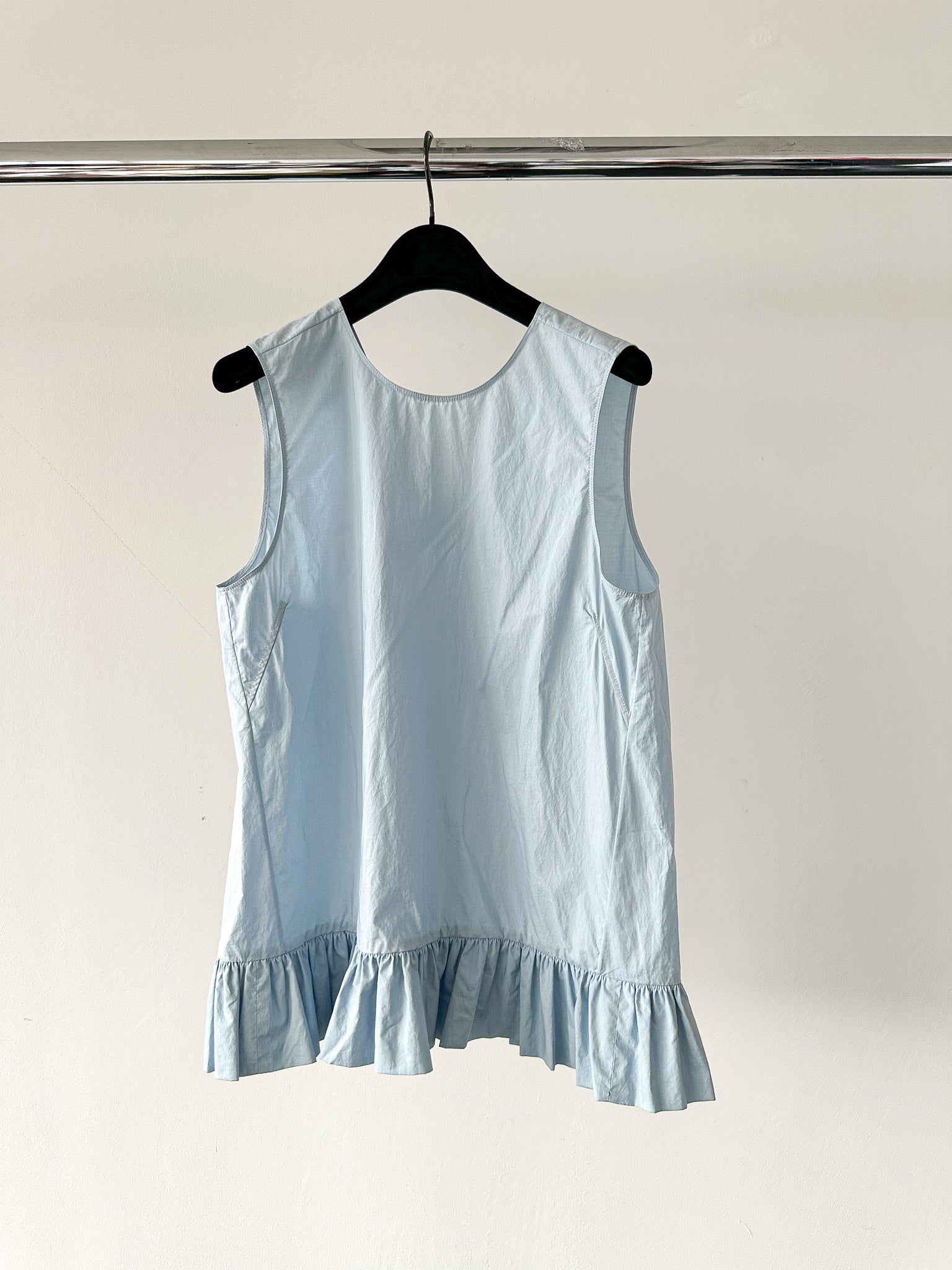 Marni Light Blue Cotton Poplin Ruffle Hem Sleeveless Blouse