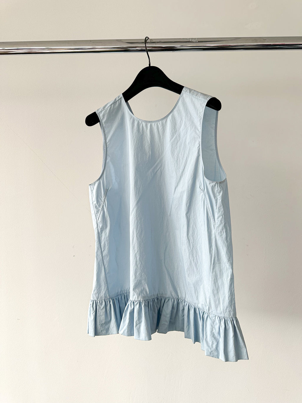 Marni Light Blue Cotton Poplin Ruffle Hem Sleeveless Blouse