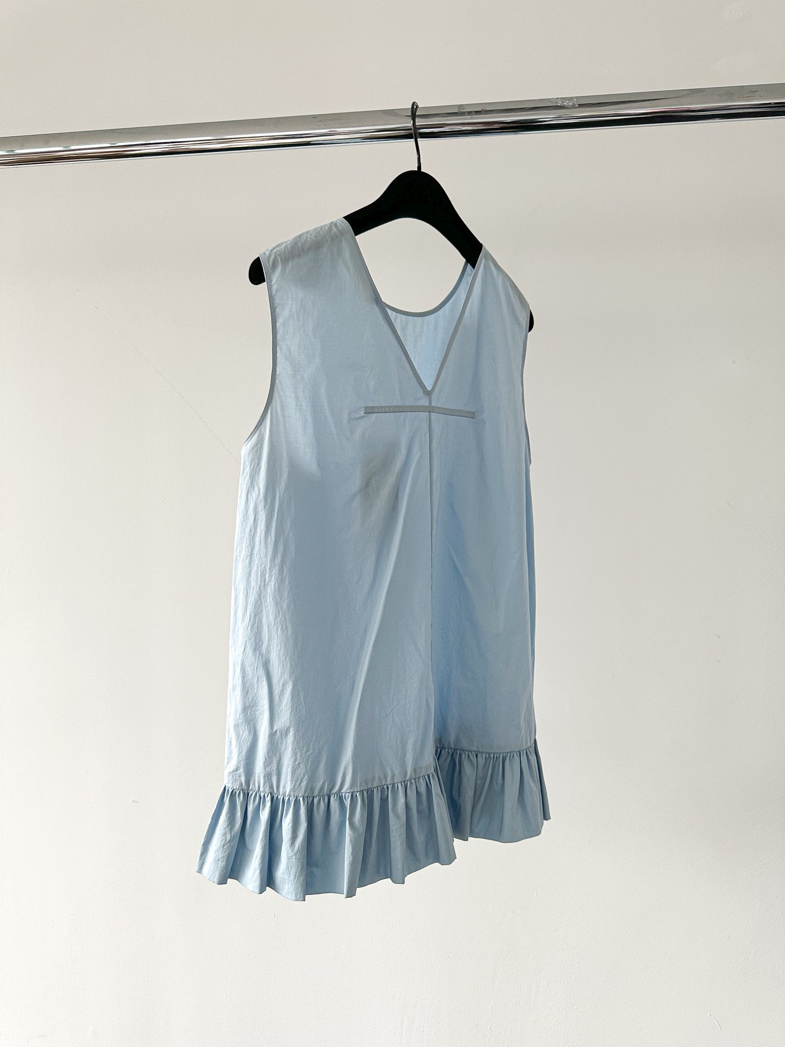 Marni Light Blue Cotton Poplin Ruffle Hem Sleeveless Blouse