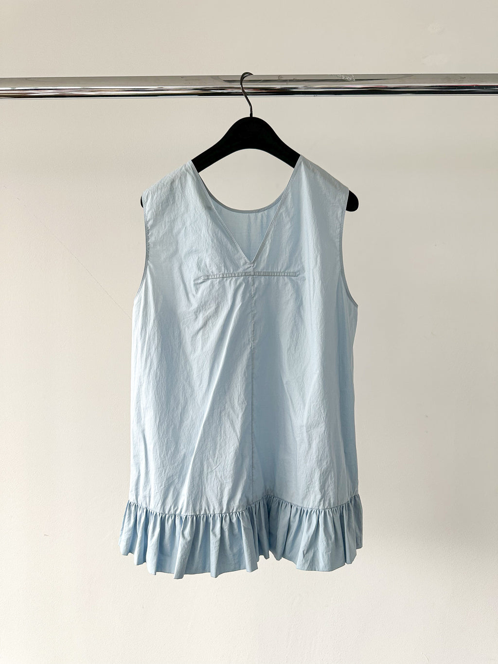 Marni Light Blue Cotton Poplin Ruffle Hem Sleeveless Blouse