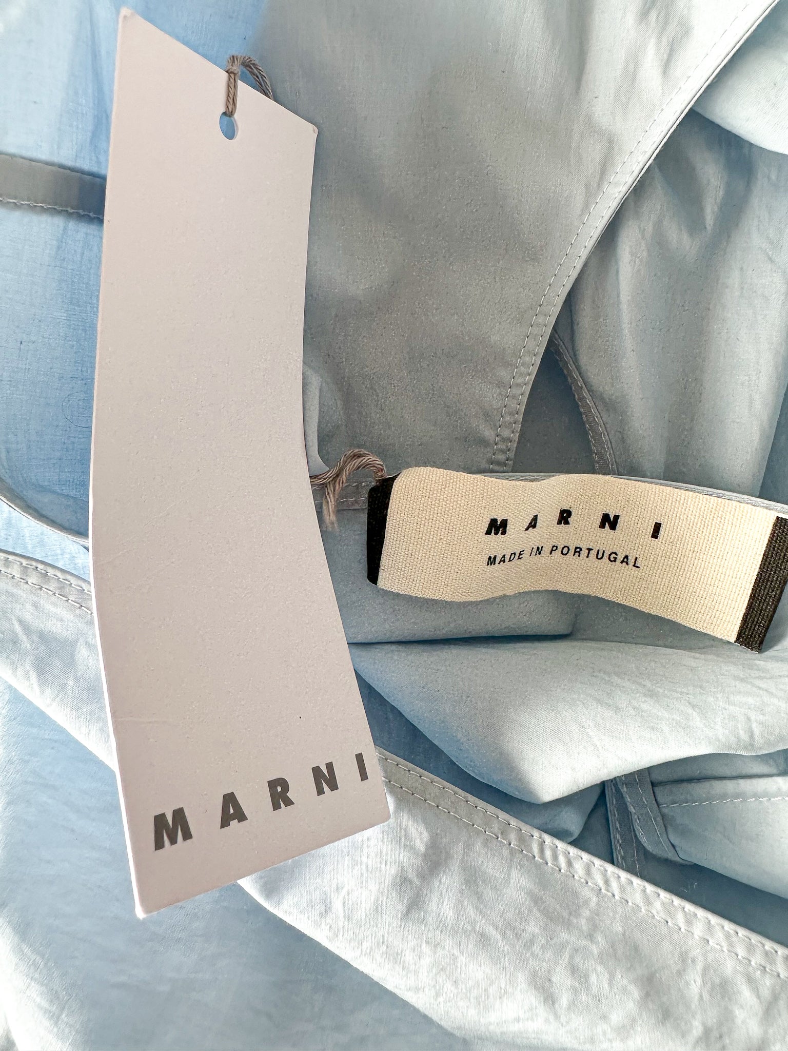 Marni Light Blue Cotton Poplin Ruffle Hem Sleeveless Blouse