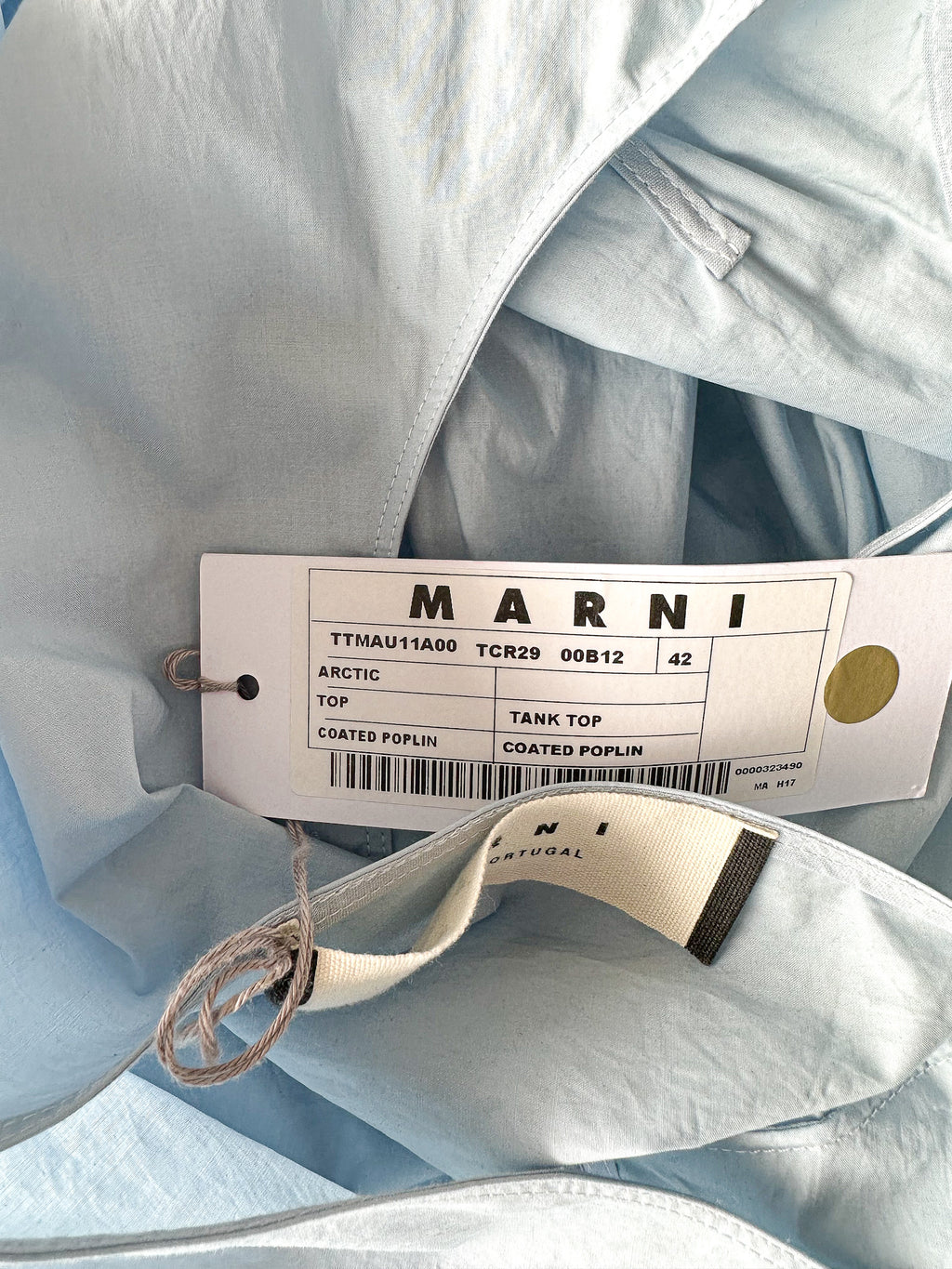Marni Light Blue Cotton Poplin Ruffle Hem Sleeveless Blouse