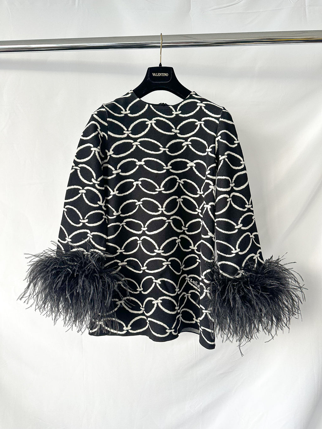 Valentino Garavani Feather-Trimmed Black 1967 Chain Print Intarsia Jacquard Knit Top