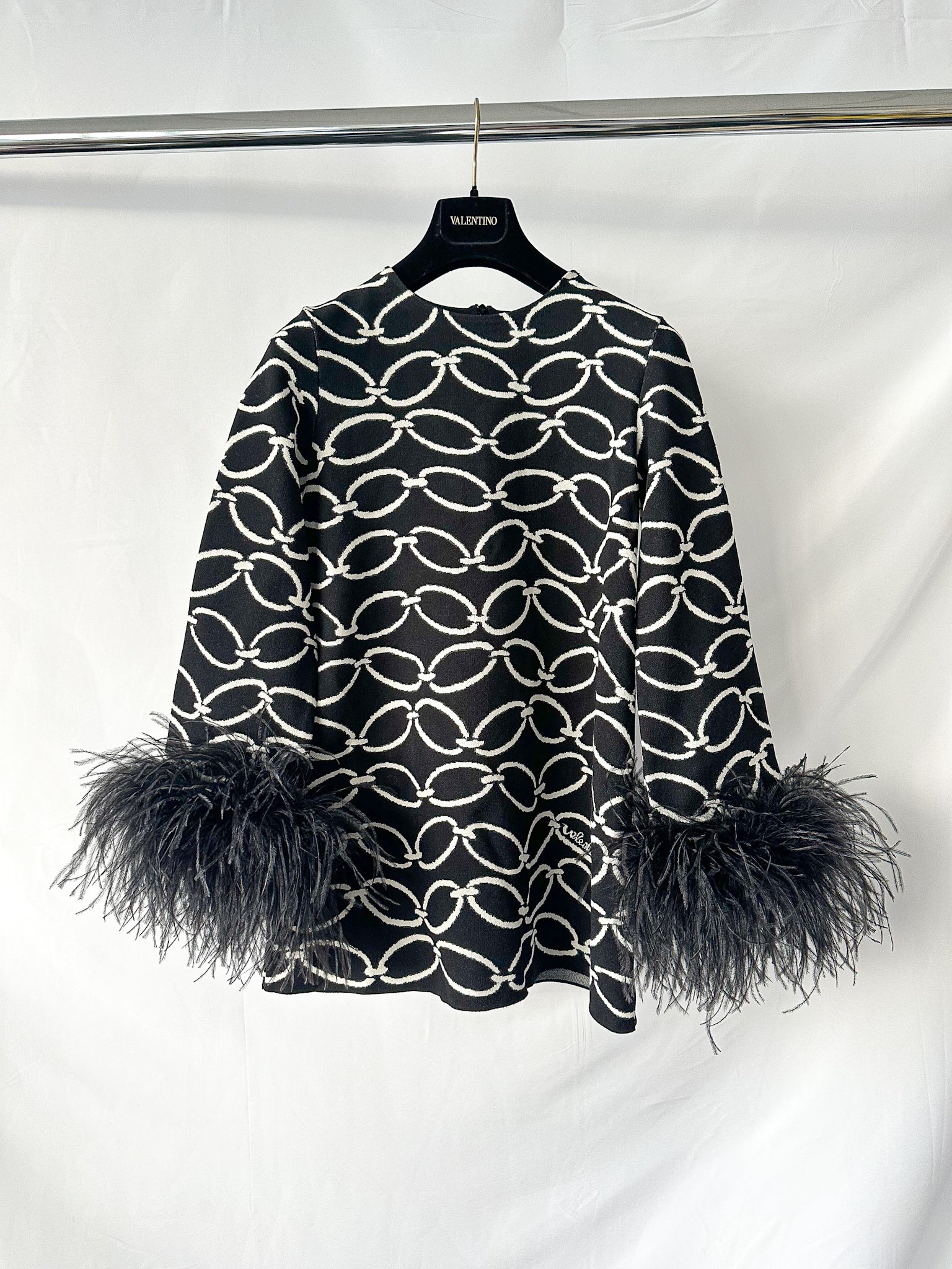Valentino Garavani Feather-Trimmed Black 1967 Chain Print Intarsia Jacquard Knit Top