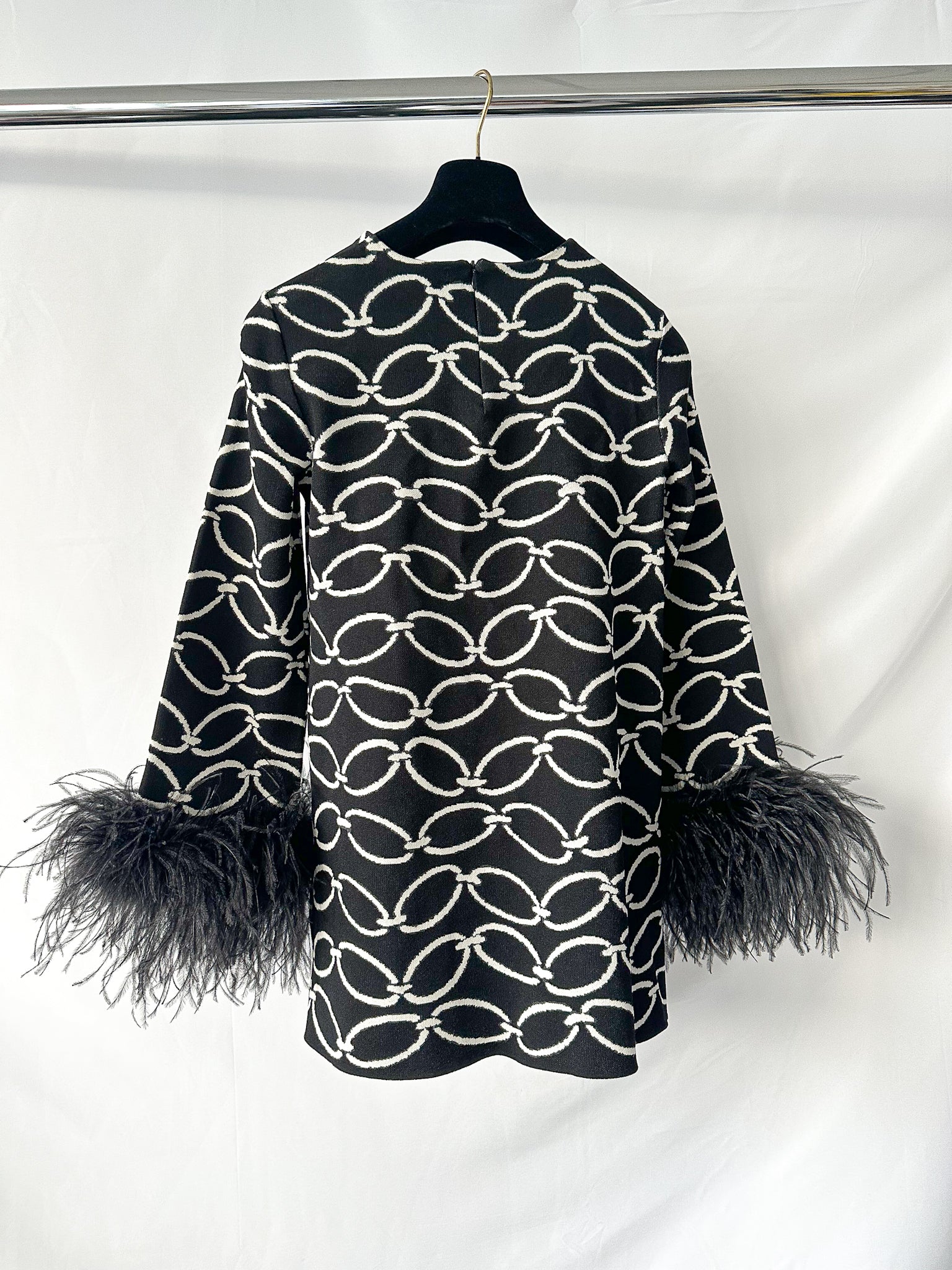 Valentino Garavani Feather-Trimmed Black 1967 Chain Print Intarsia Jacquard Knit Top