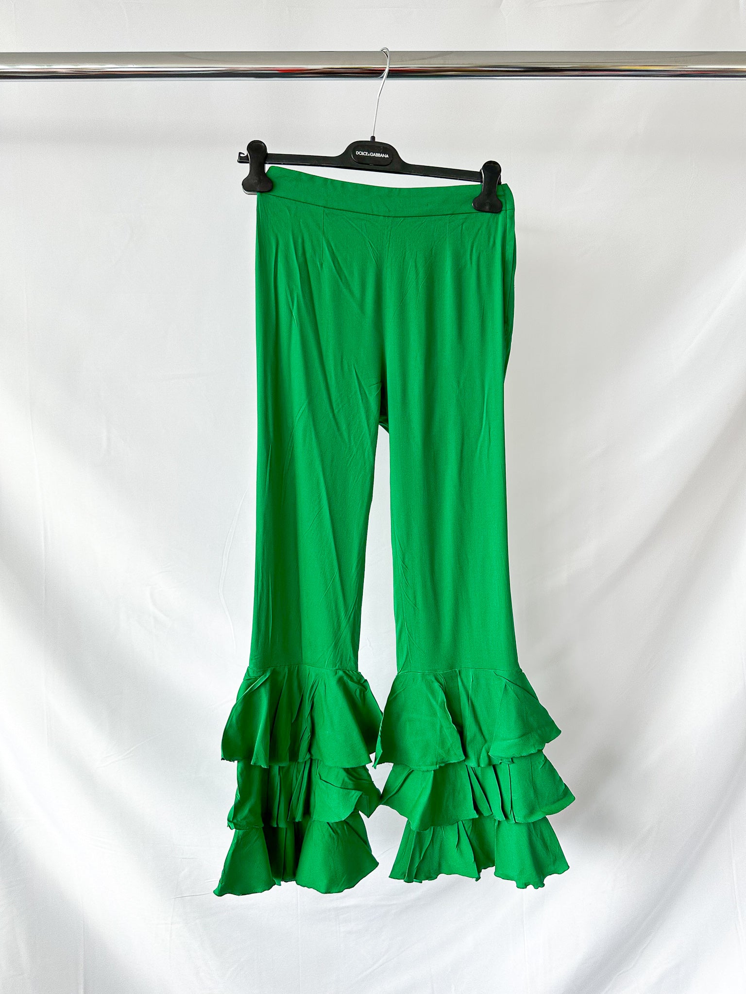Dolce & Gabbana Green Frilly Flounce Layered Bell Bottom Trousers