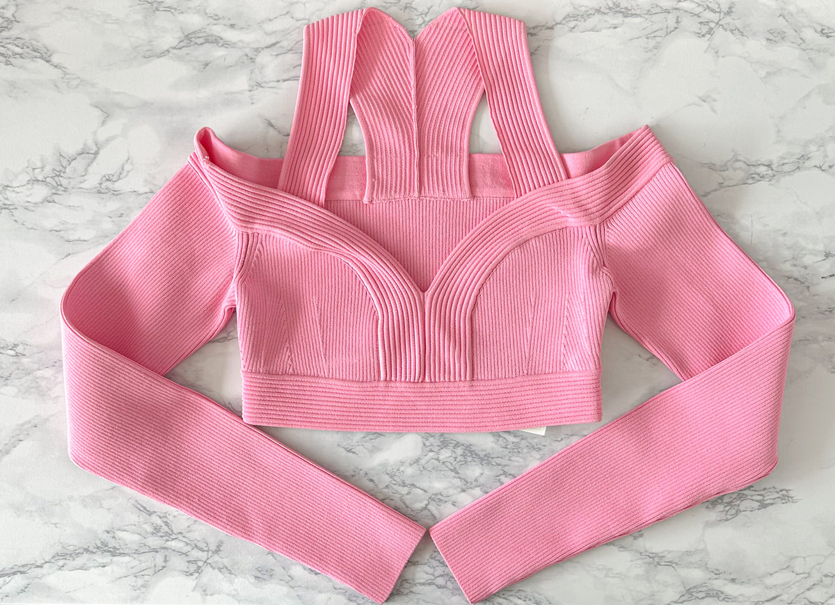 Sweetheart Neck Cropped Rib Knit Long Sleeve Top