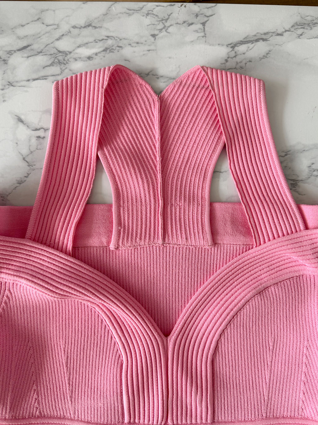 Alexander McQueen Pink Sweetheart Neck Cropped Rib Knit Long Sleeve Top
