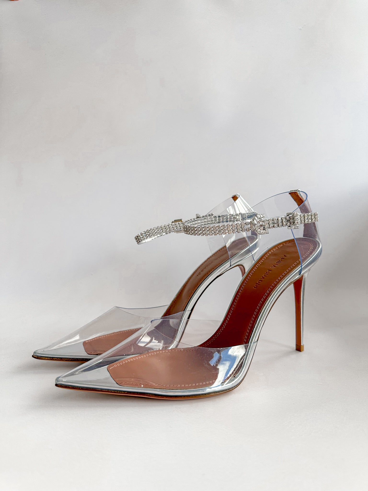 AMINA MUADDI Ursina Crystal Ankle Strap Glass Clear High Heels
