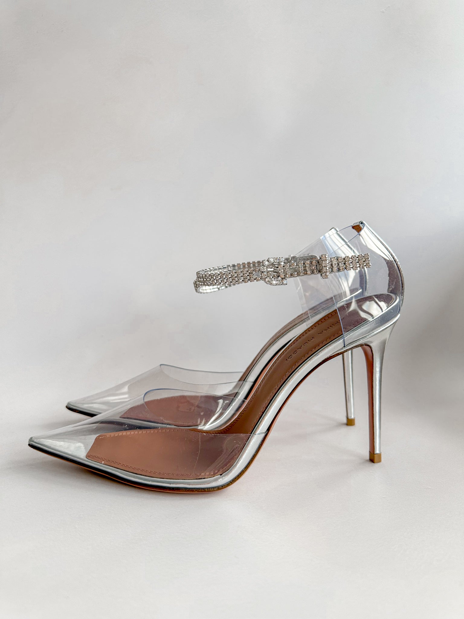 AMINA MUADDI Ursina Crystal Ankle Strap Glass Clear High Heels