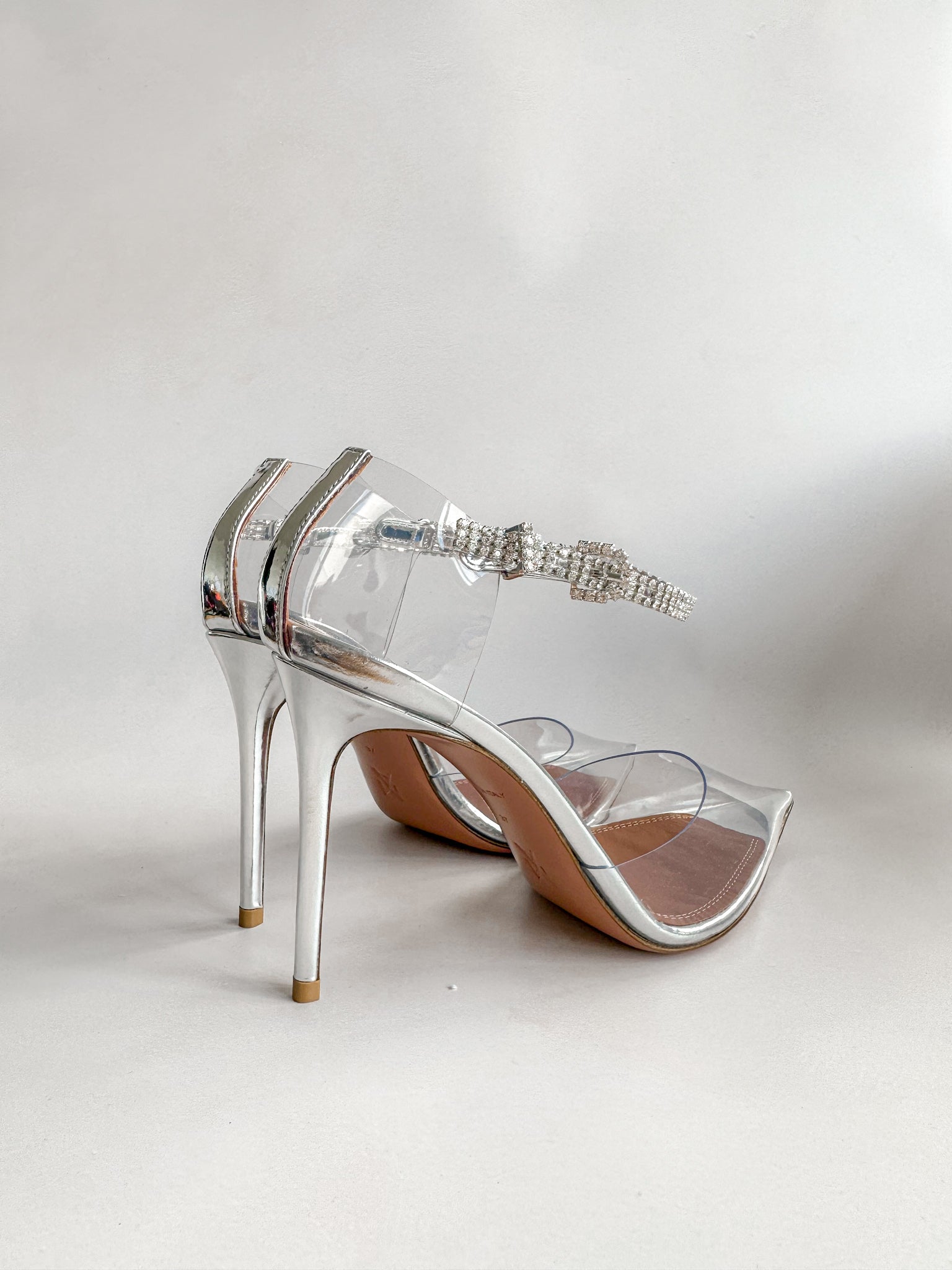 AMINA MUADDI Ursina Crystal Ankle Strap Glass Clear High Heels