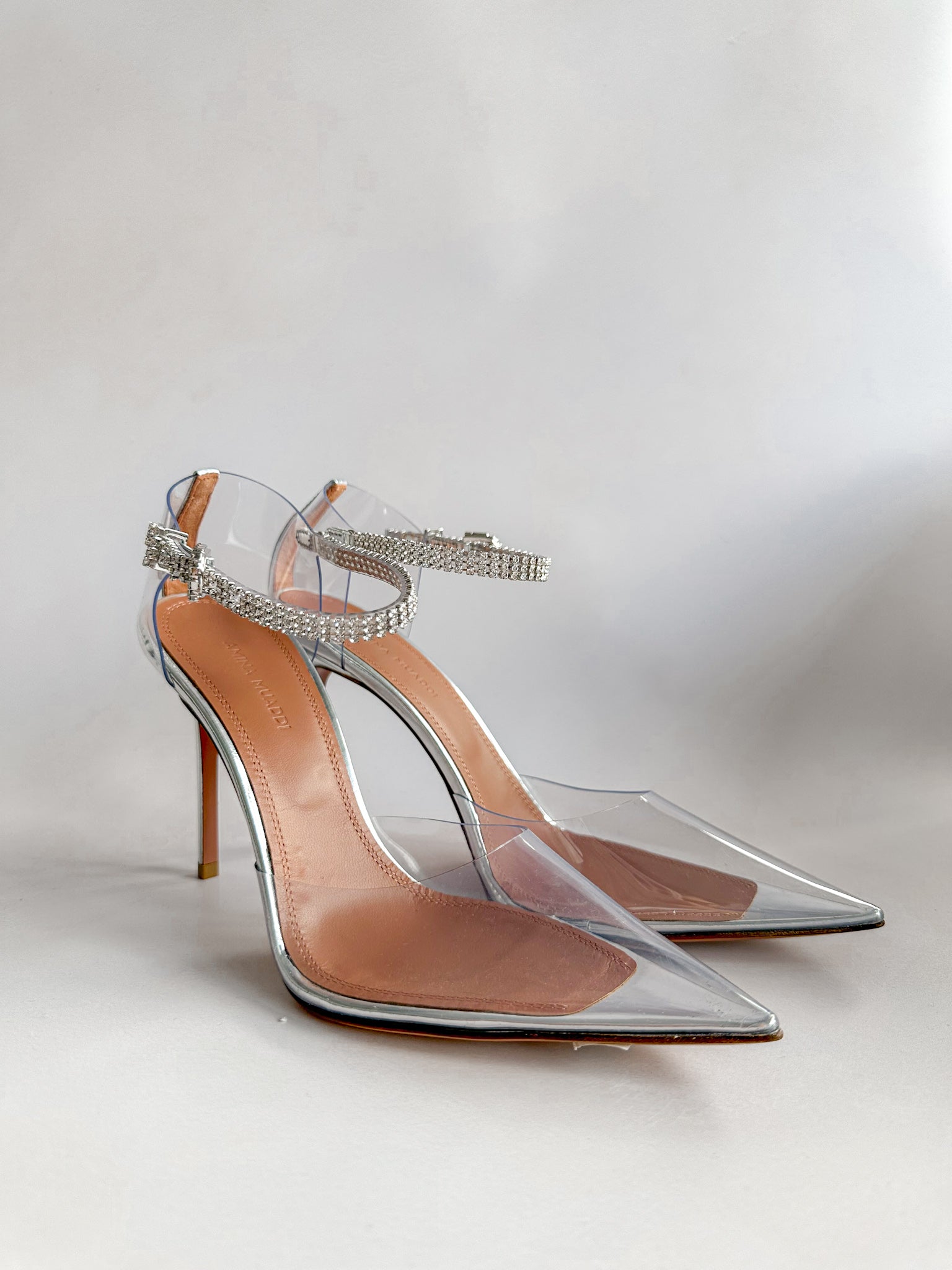AMINA MUADDI Ursina Crystal Ankle Strap Glass Clear High Heels