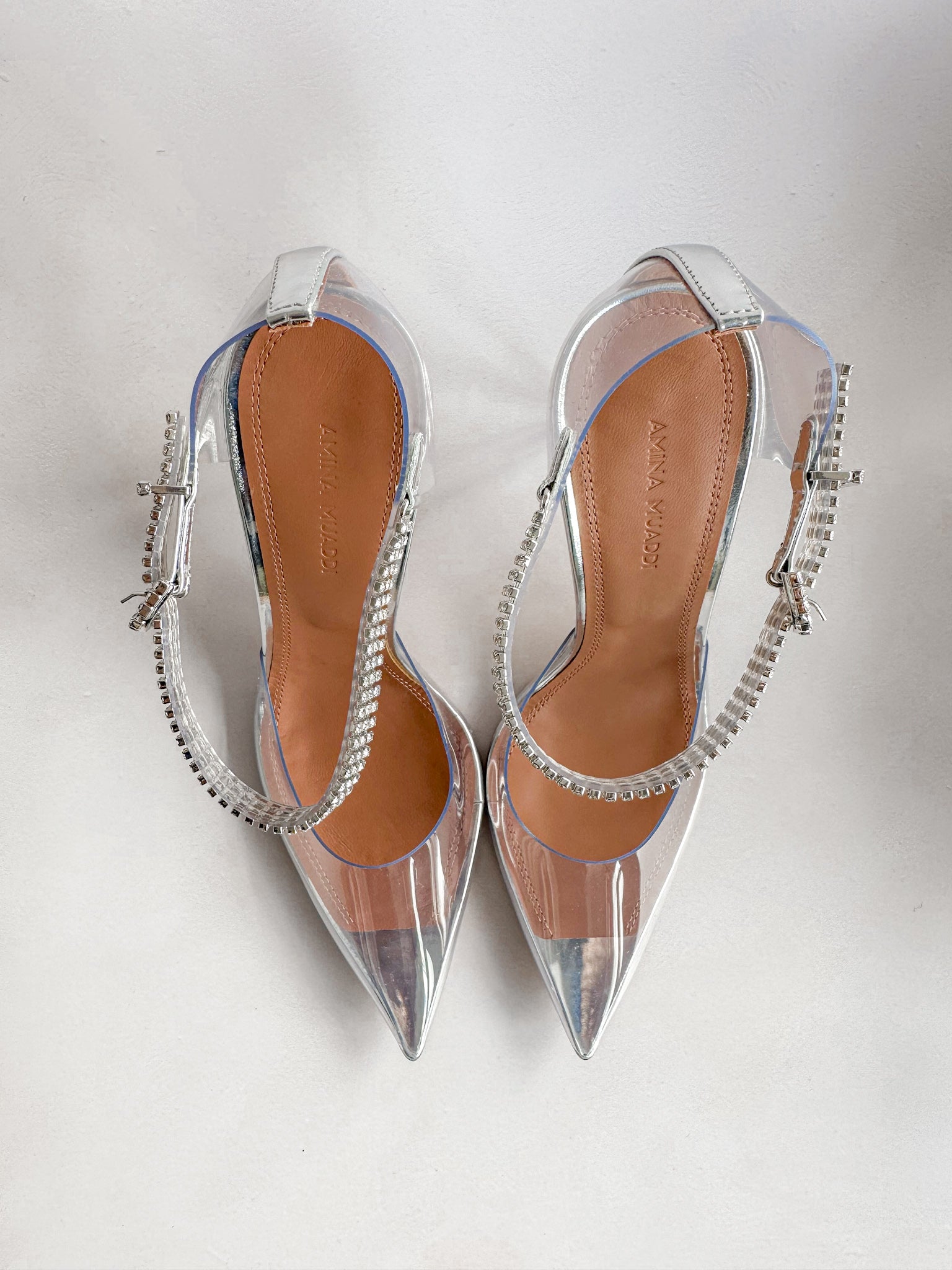 AMINA MUADDI Ursina Crystal Ankle Strap Glass Clear High Heels