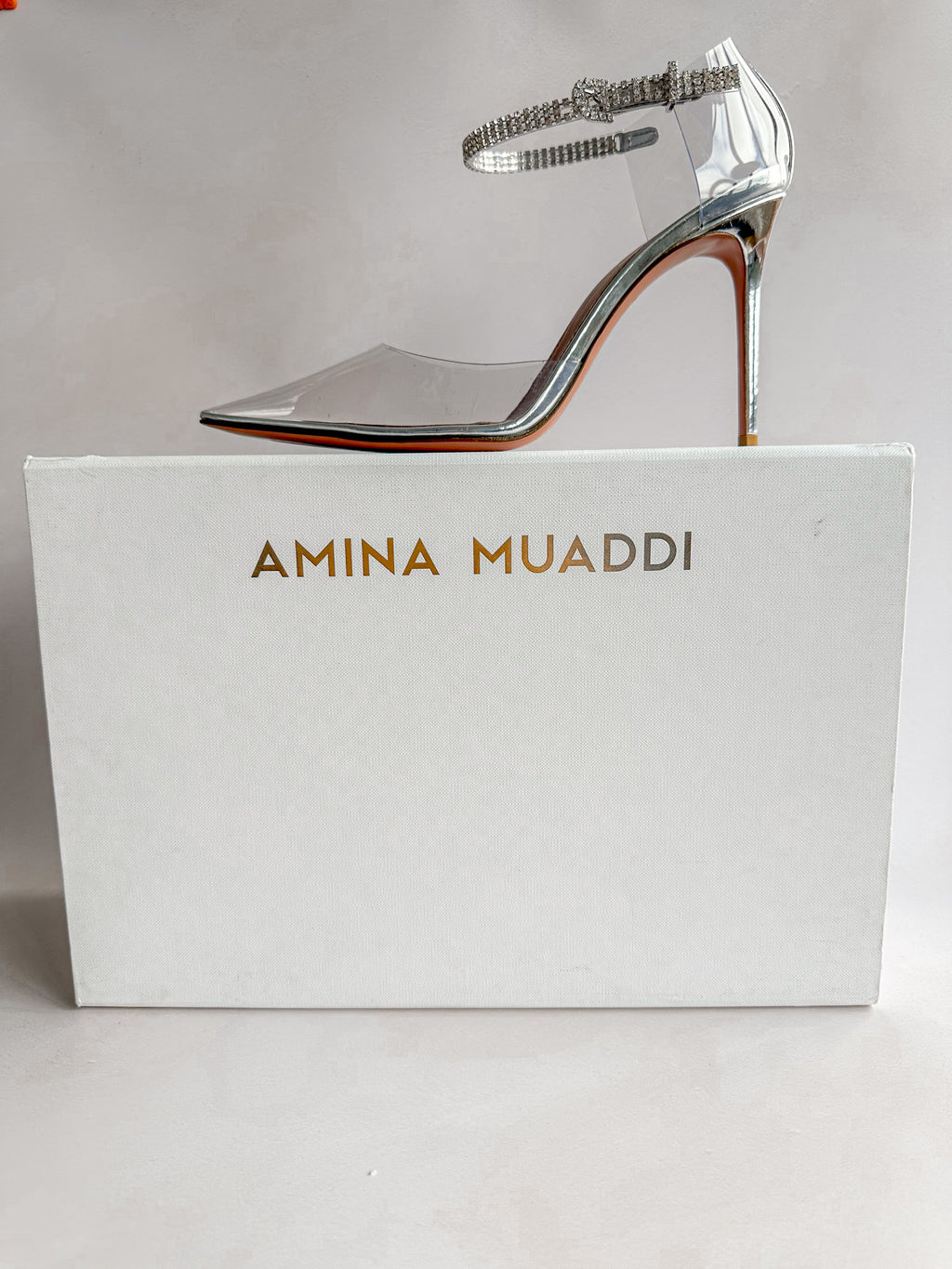 AMINA MUADDI Ursina Cristal Tornozelo Correia Vidro Salto Alto Claro