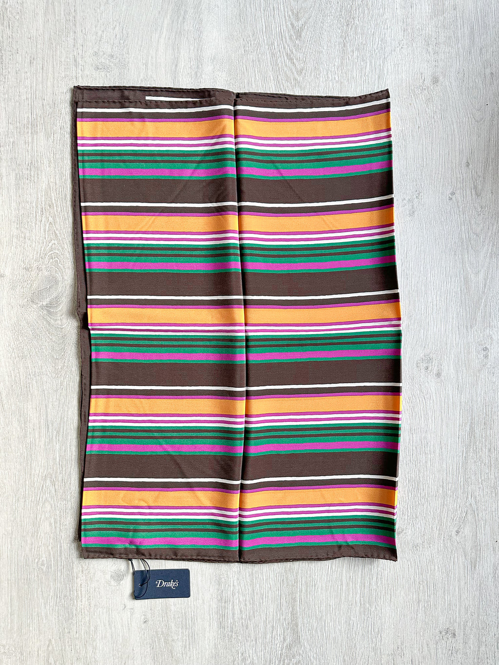 Drake's Multicoloured Striped Orange Brown Green Silk Scarf - House Of Huntington