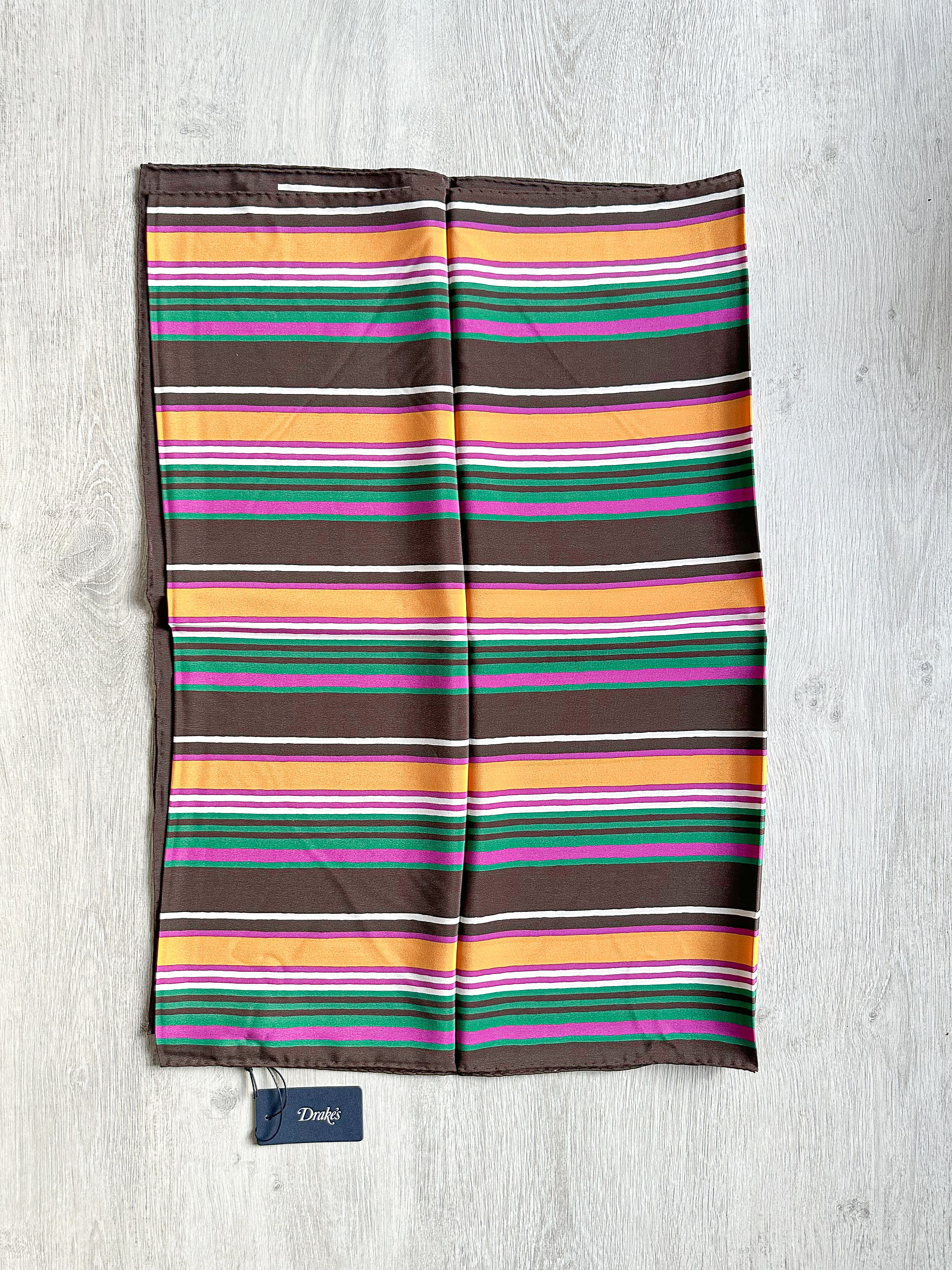 Drake's Multicoloured Striped Orange Brown Green Silk Scarf - House Of Huntington