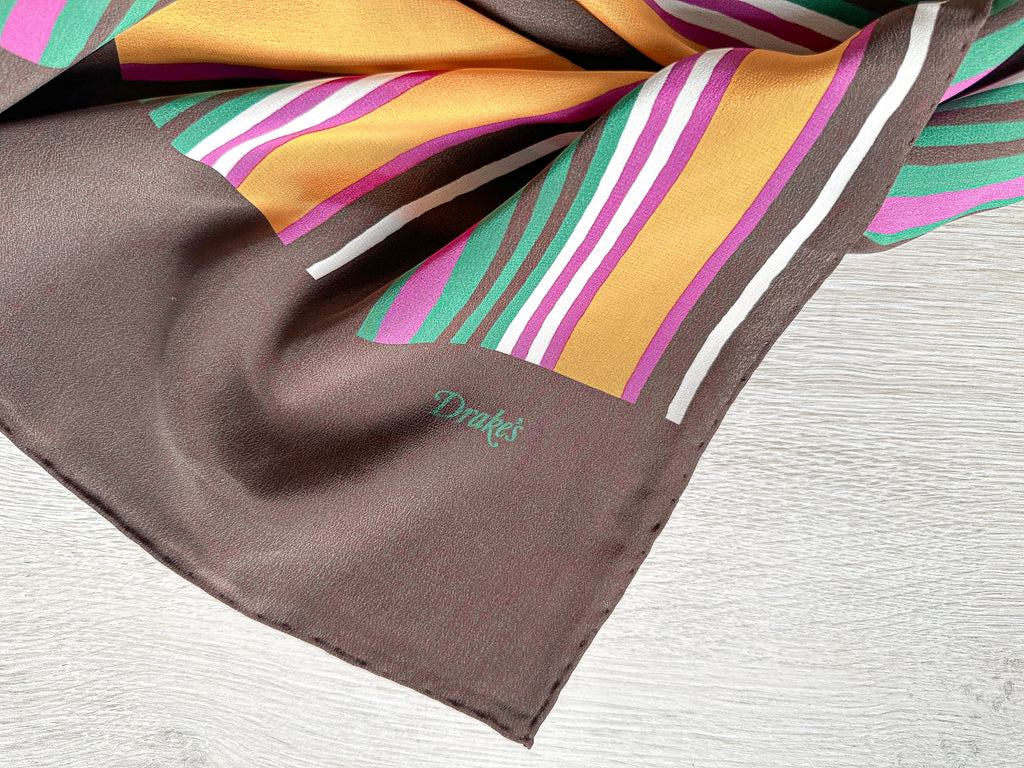 Drake's Multicoloured Striped Orange Brown Green Silk Scarf - House Of Huntington