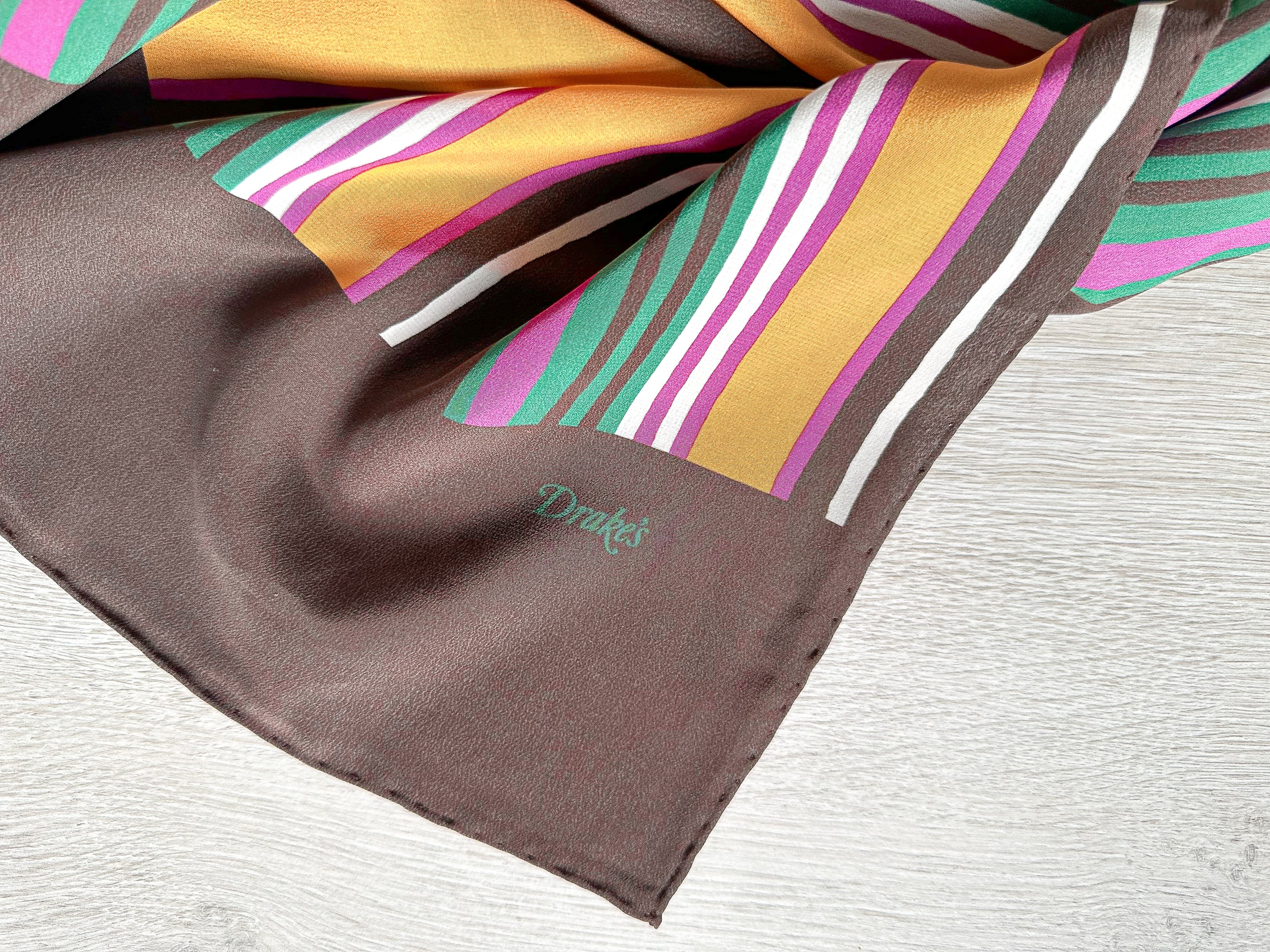 Drake's Multicoloured Striped Orange Brown Green Silk Scarf - House Of Huntington