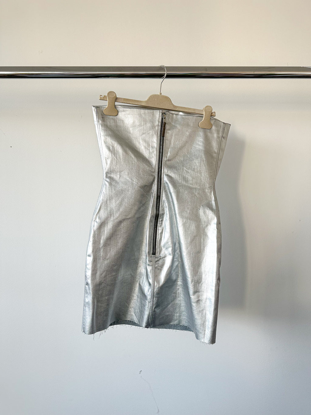 Rick Owens Metallic Coated Denim Bustier Strapless Party Mini Dress