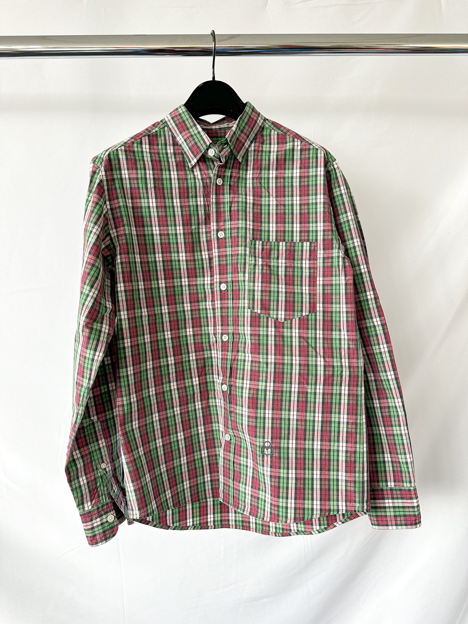 Isabel Marant Jason Embroidered Green Checked Cotton Poplin Shirt
