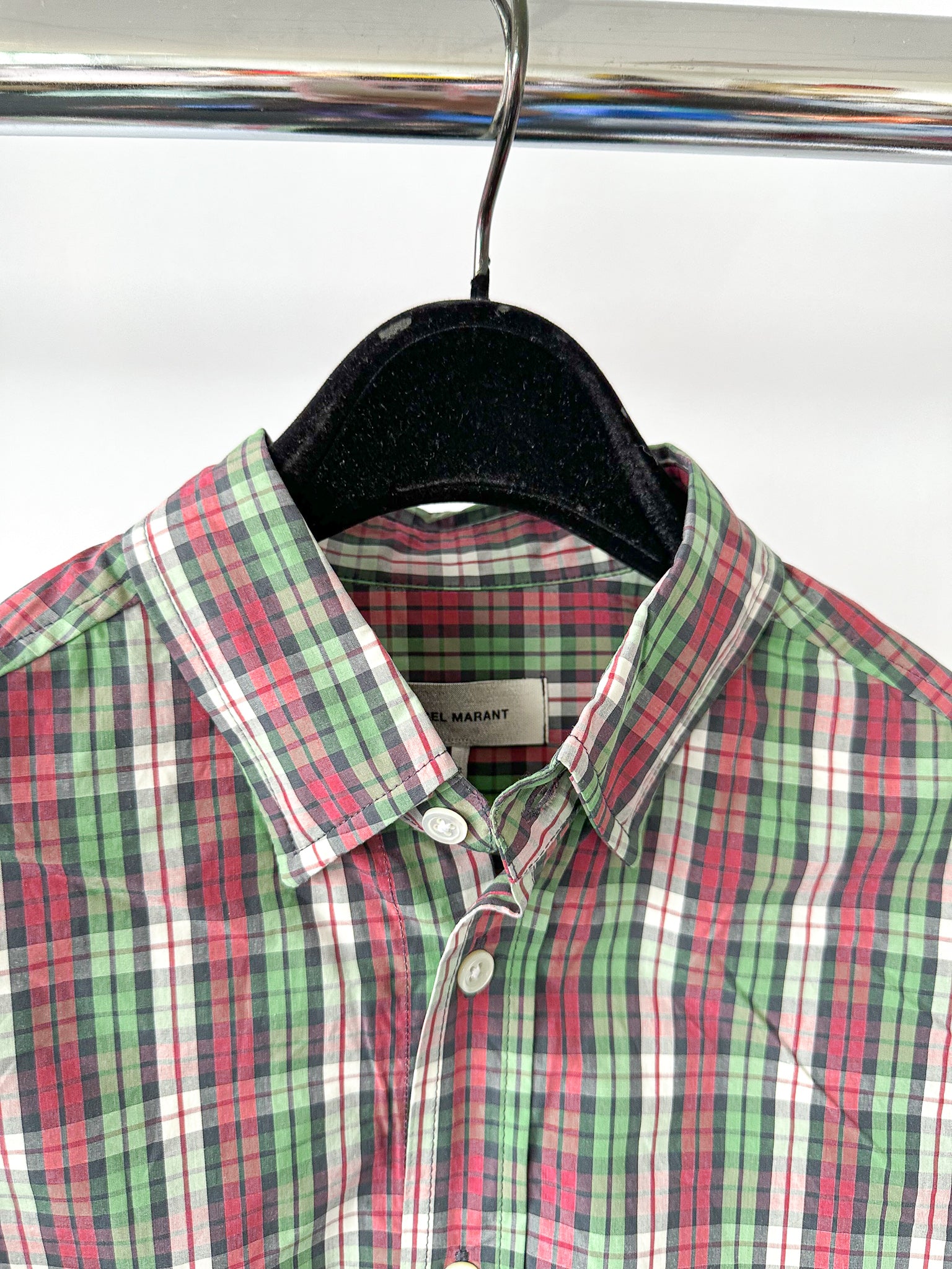 Isabel Marant Jason Embroidered Green Checked Cotton Poplin Shirt