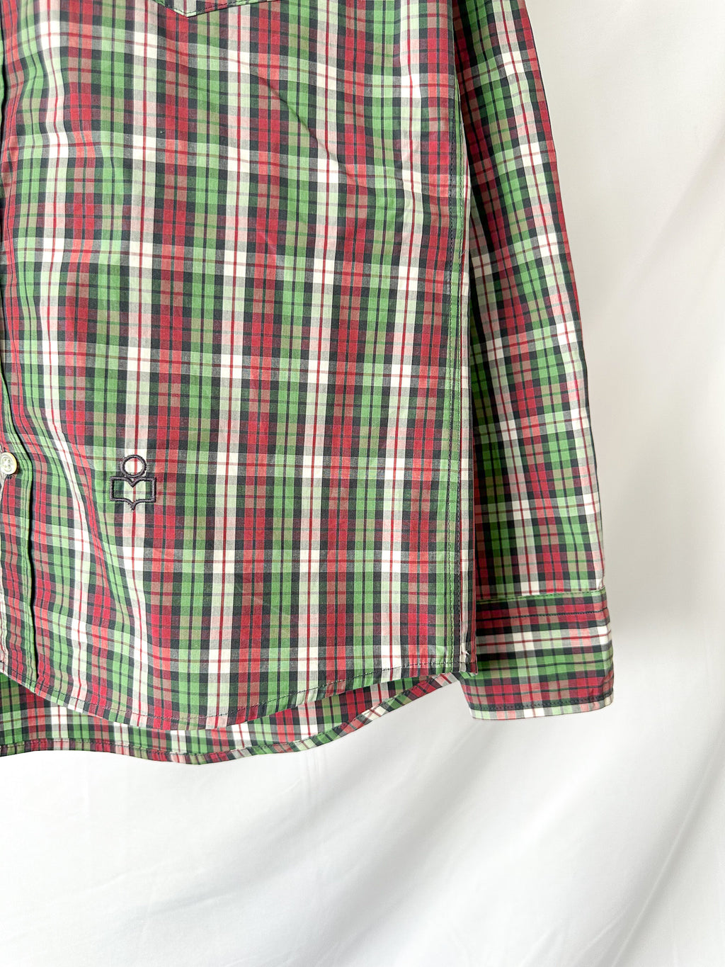 Isabel Marant Jason Embroidered Green Checked Cotton Poplin Shirt