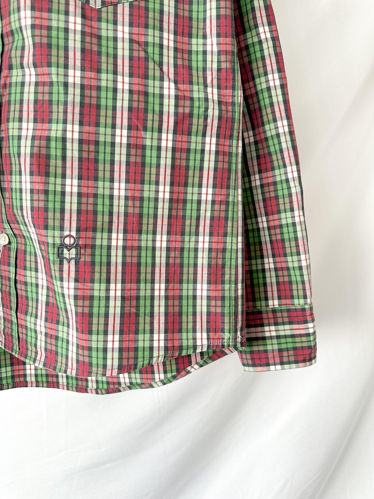 Isabel Marant Jason Embroidered Green Checked Cotton Poplin Shirt