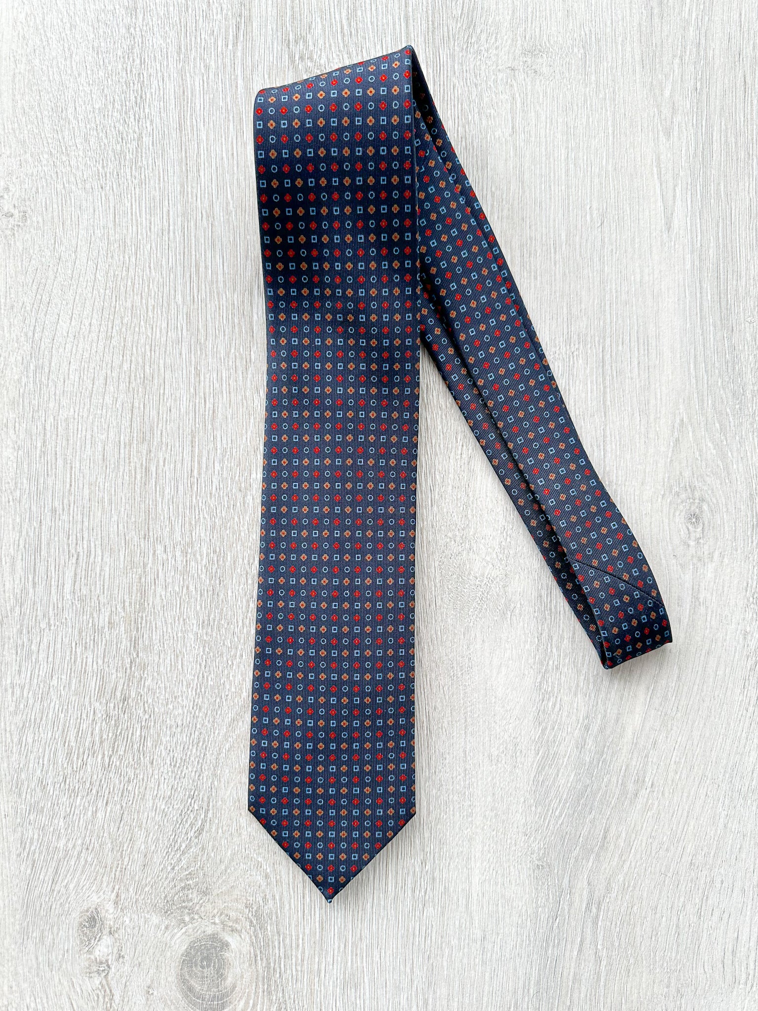 E Marinella Navy Blue Silk Tie Retro Shape Print Design