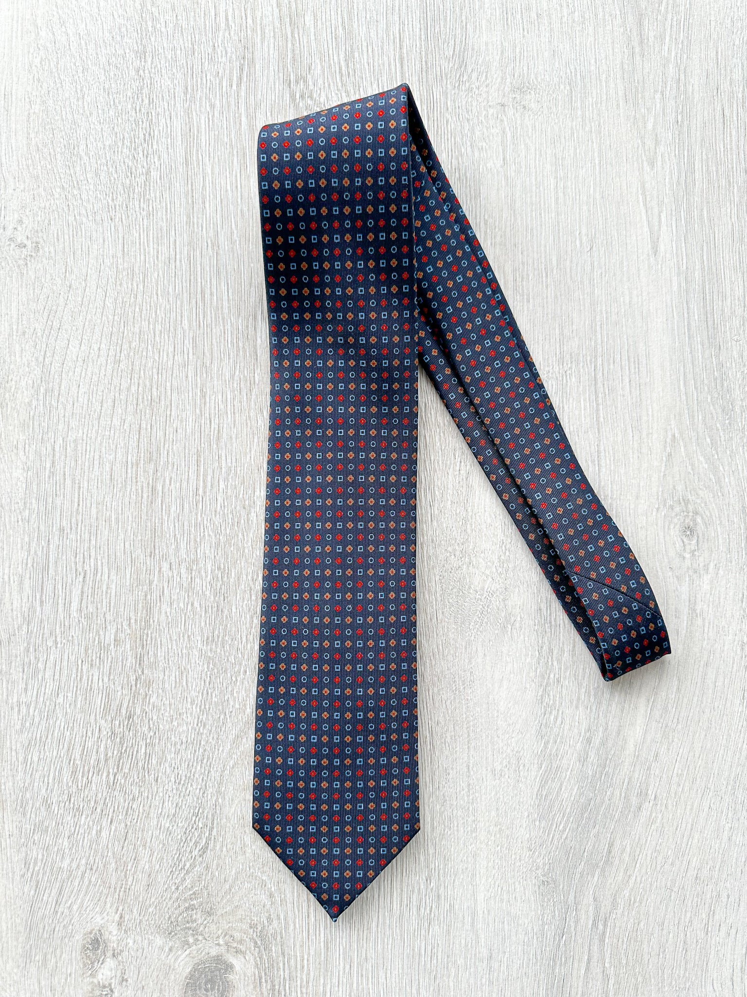 E Marinella Navy Blue Silk Tie Retro Shape Print Design