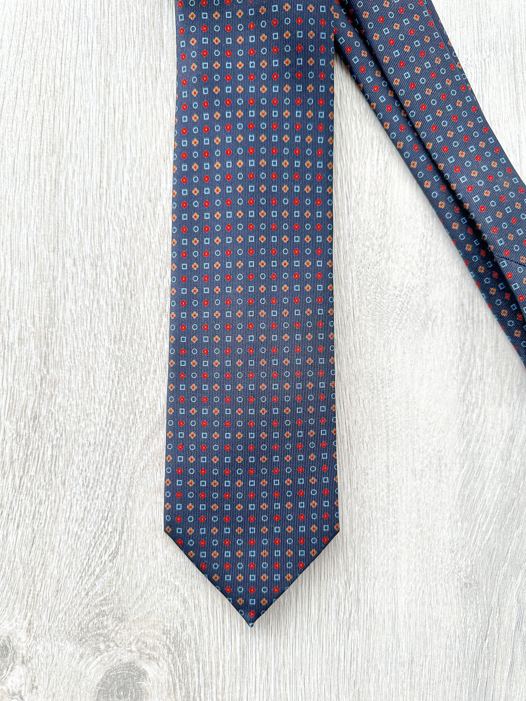 E Marinella Navy Blue Silk Tie Retro Shape Print Design