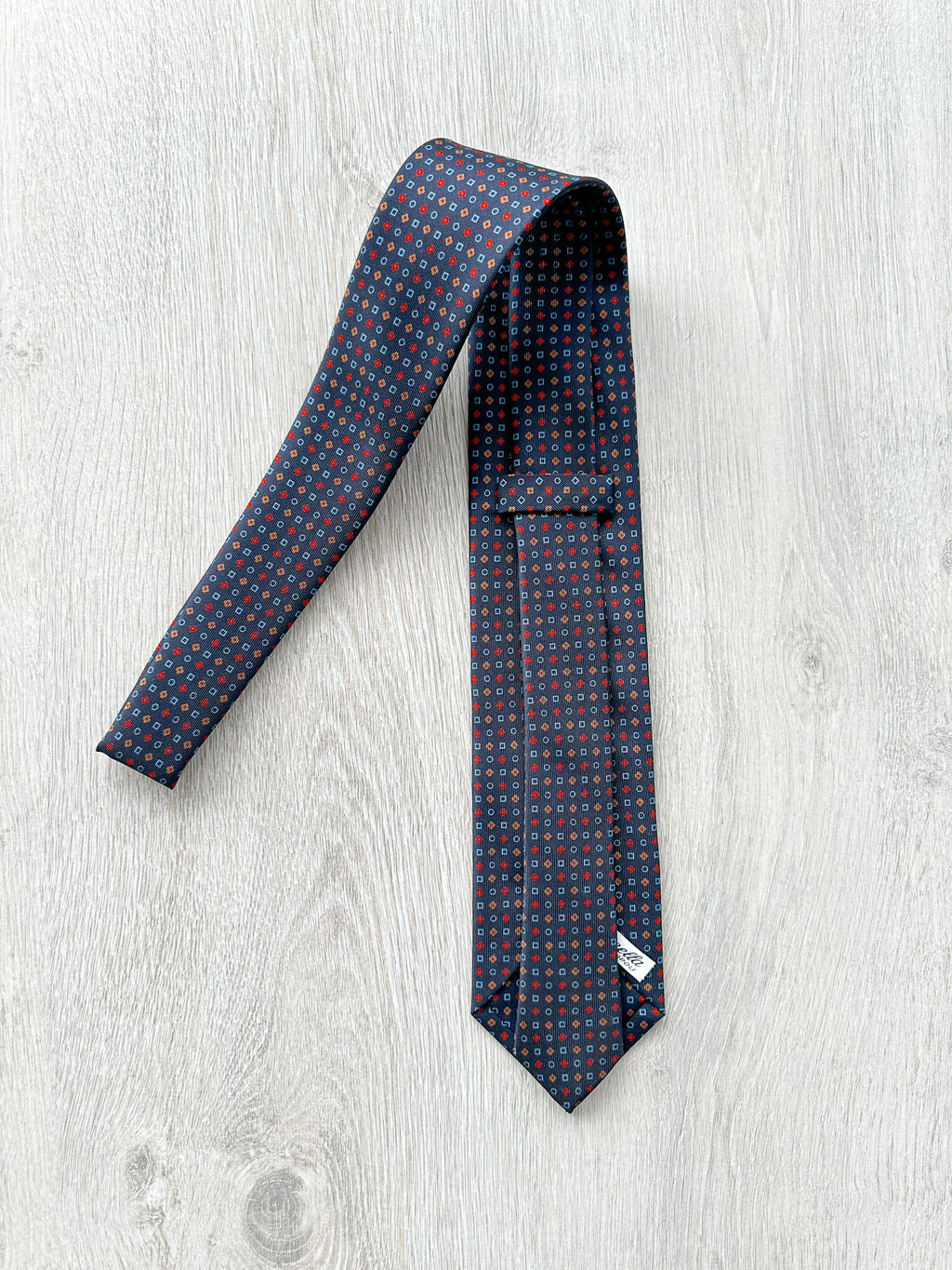 E Marinella Navy Blue Silk Tie Retro Shape Print Design