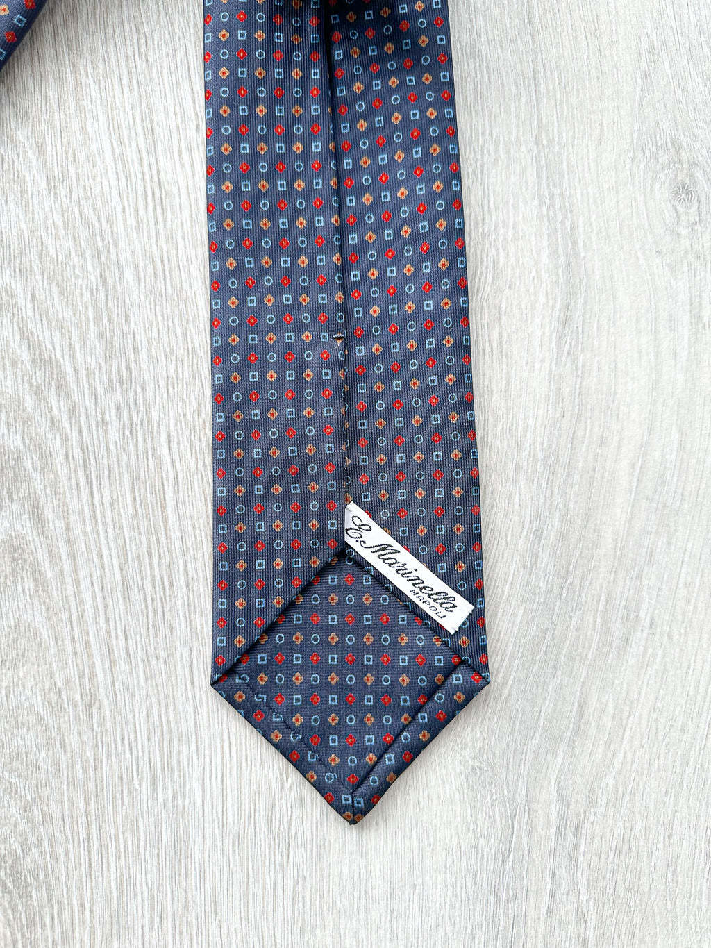 E Marinella Navy Blue Silk Tie Retro Shape Print Design