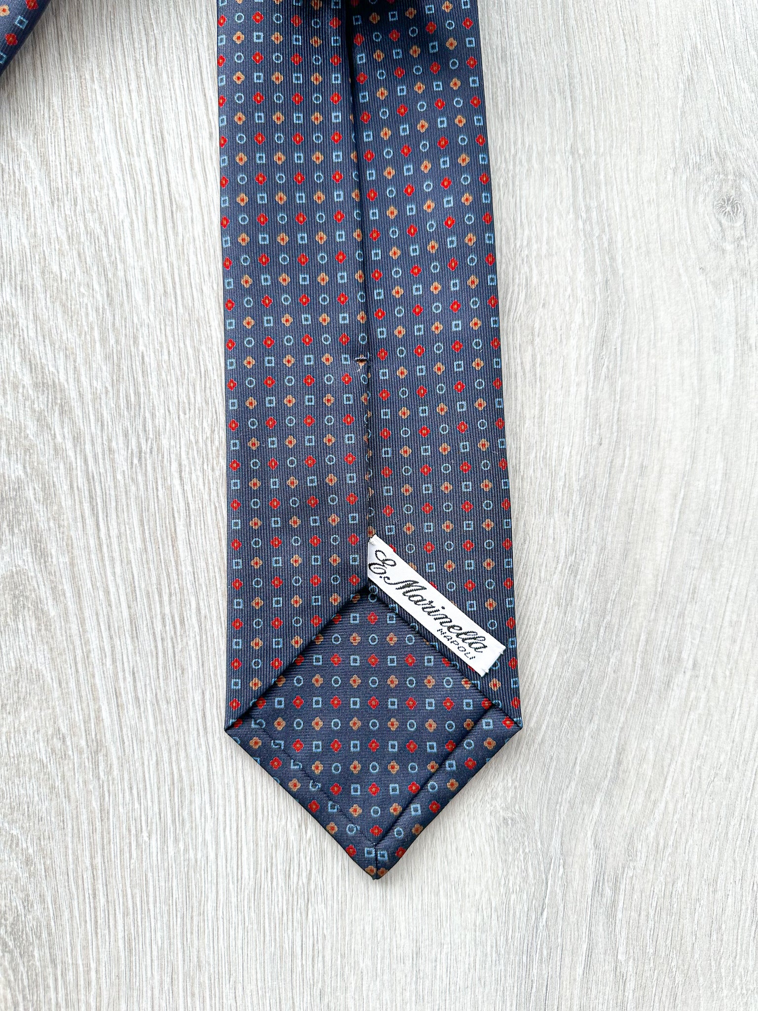 E Marinella Navy Blue Silk Tie Retro Shape Print Design