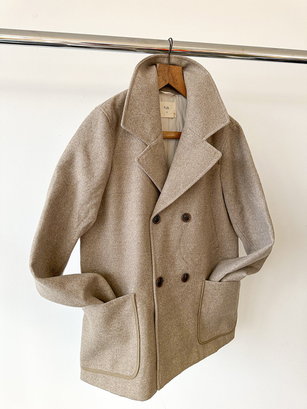 FOLK Mens Zand Oat Beige Dubbele Borstzak Voorste Jas