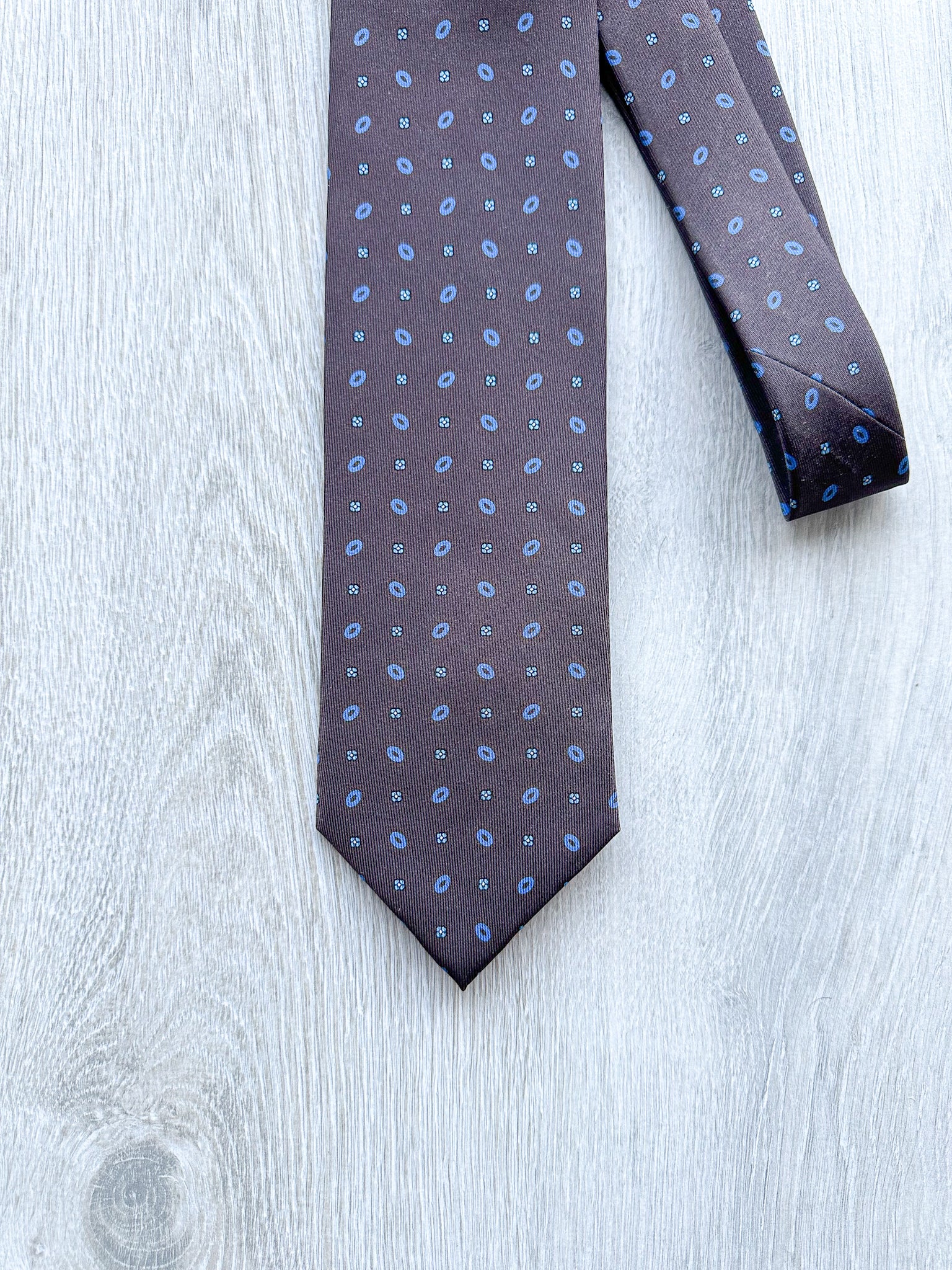 E Marinella Brown Silk Tie With Diamond Floral Circle Print