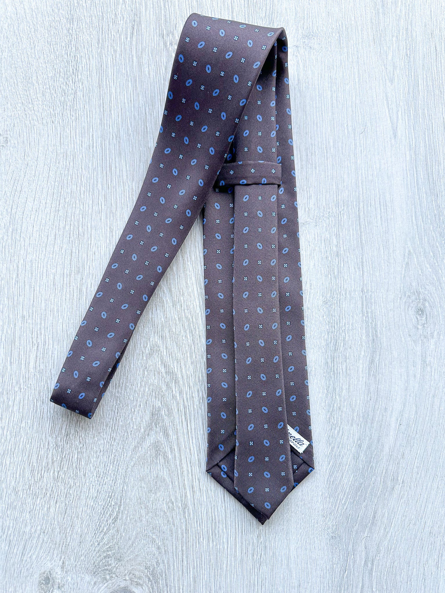 E Marinella Brown Silk Tie With Diamond Floral Circle Print