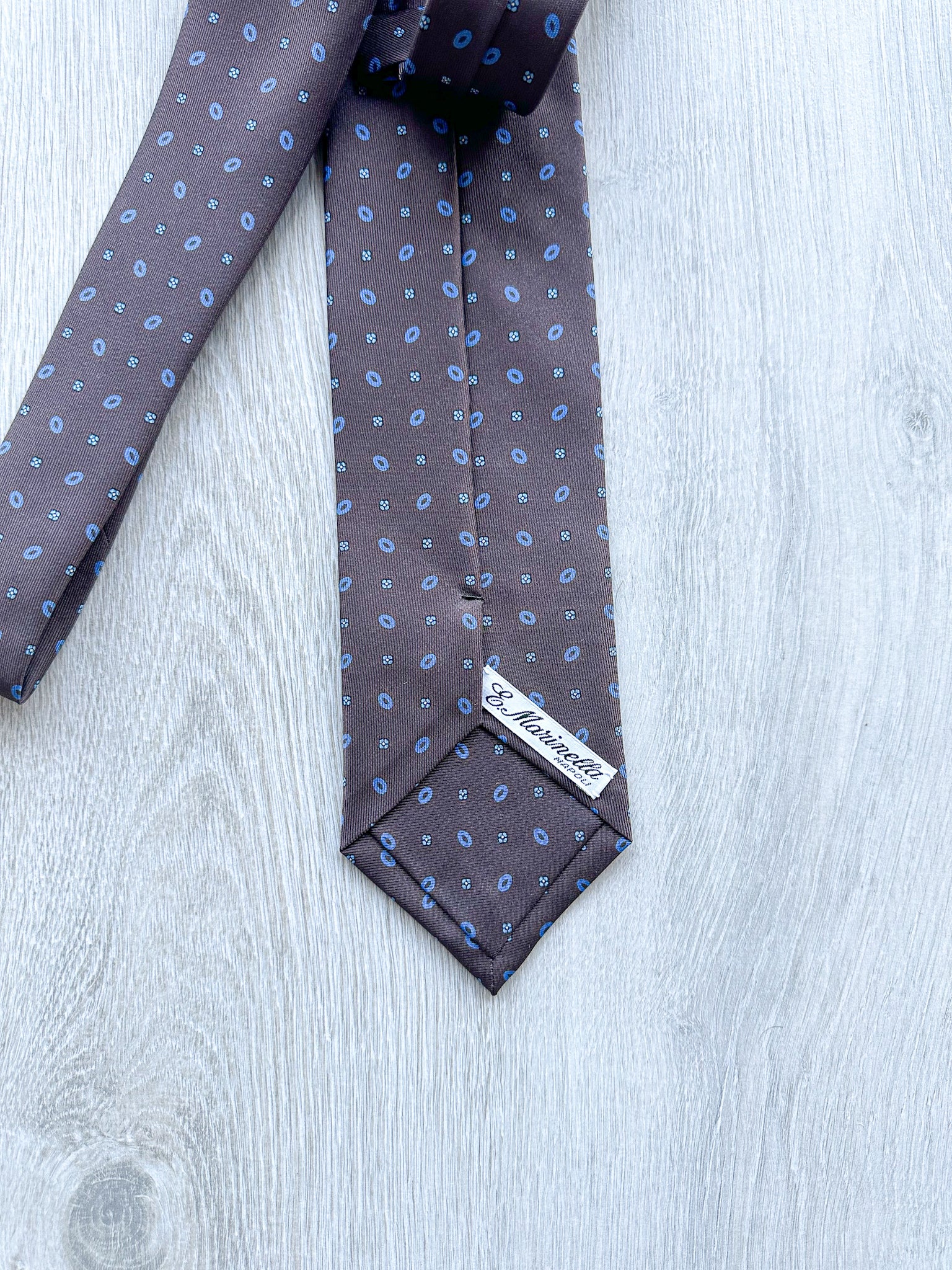 E Marinella Brown Silk Tie With Diamond Floral Circle Print