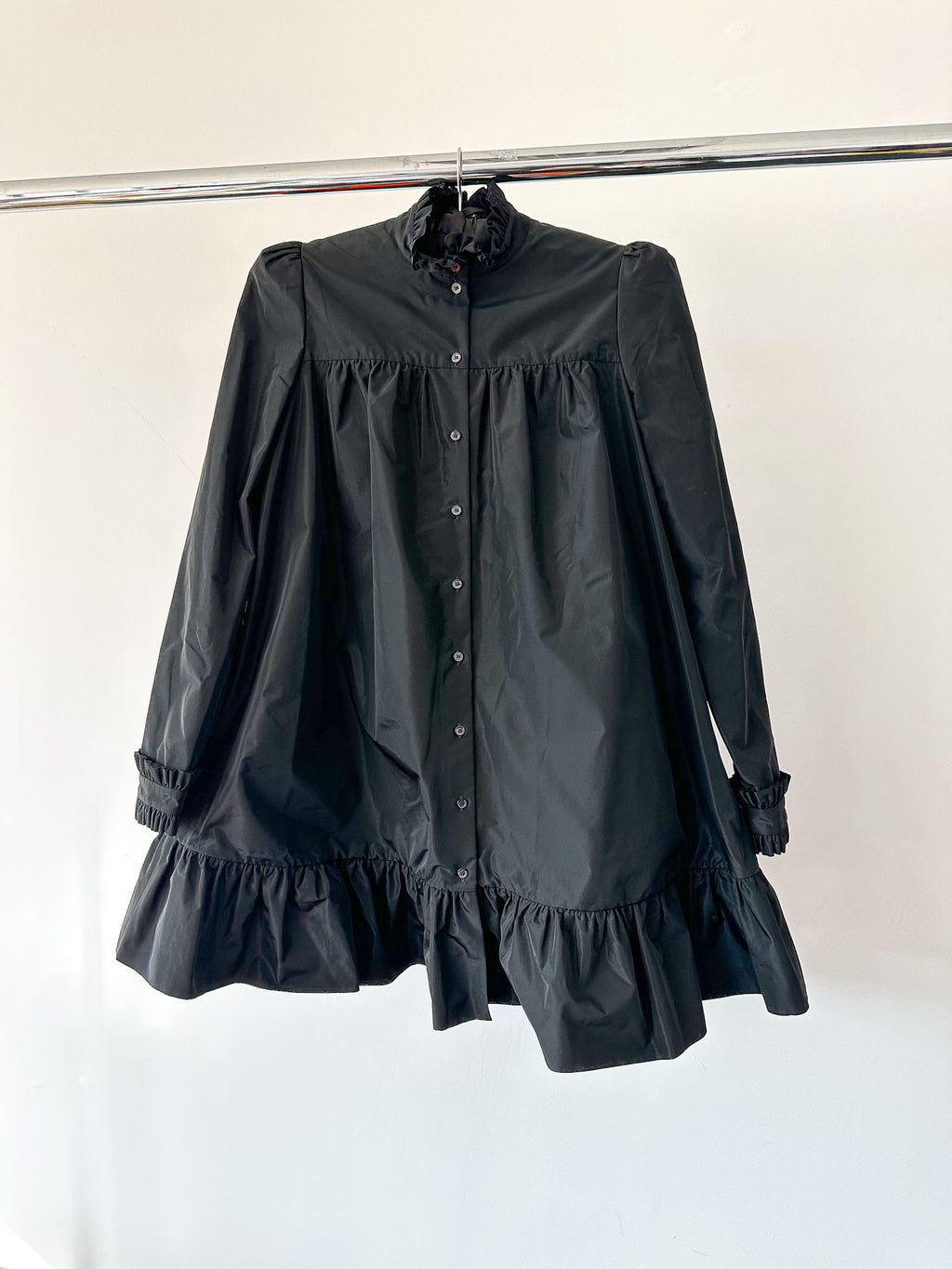 The Vampire's Wife The Splitter Black Taffeta Pleat Detail Ruffle Trim Dress - House Of Huntington