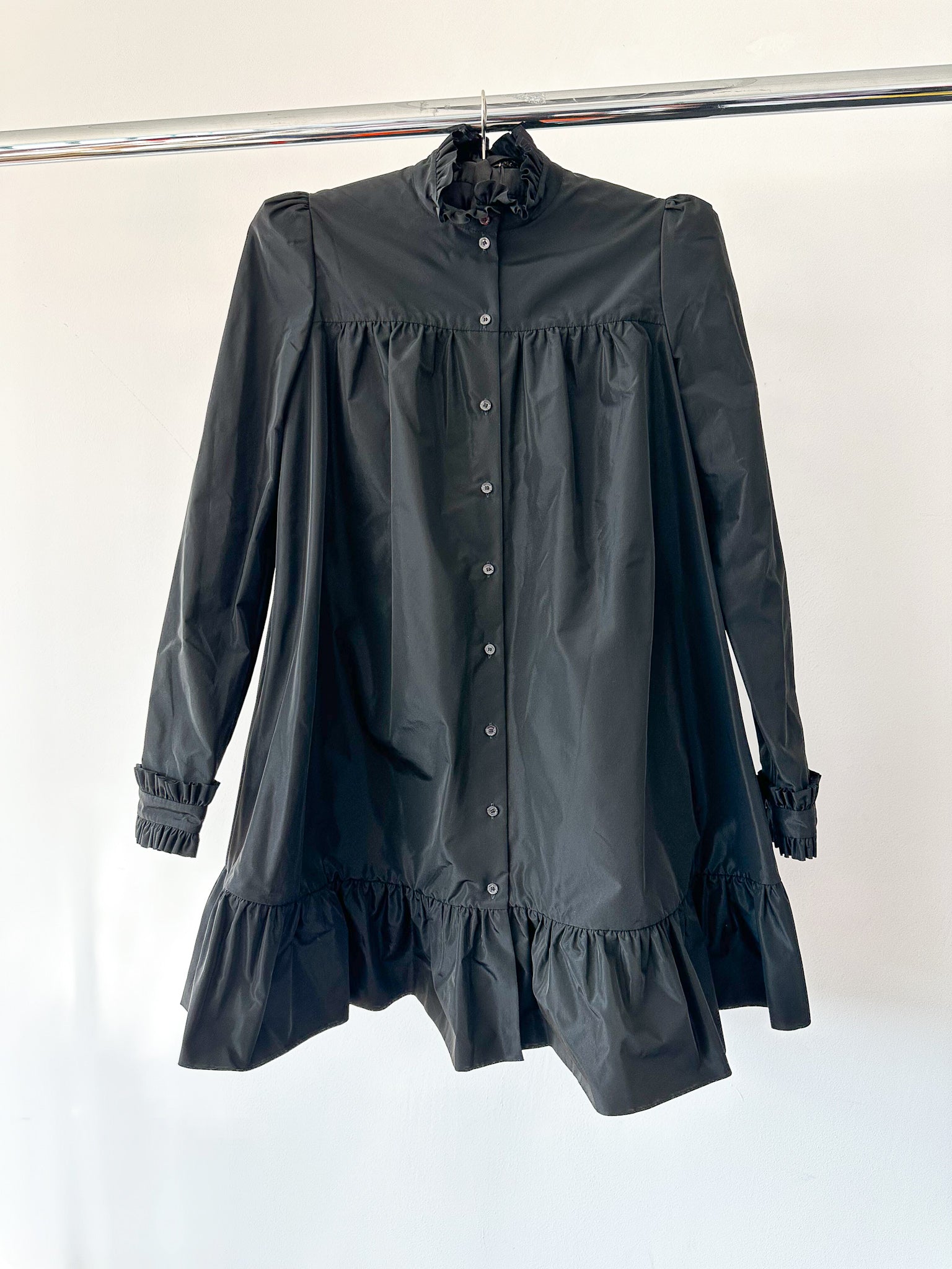 The Vampire's Wife The Splitter Black Taffeta Pleat Detail Ruffle Trim Dress - House Of Huntington