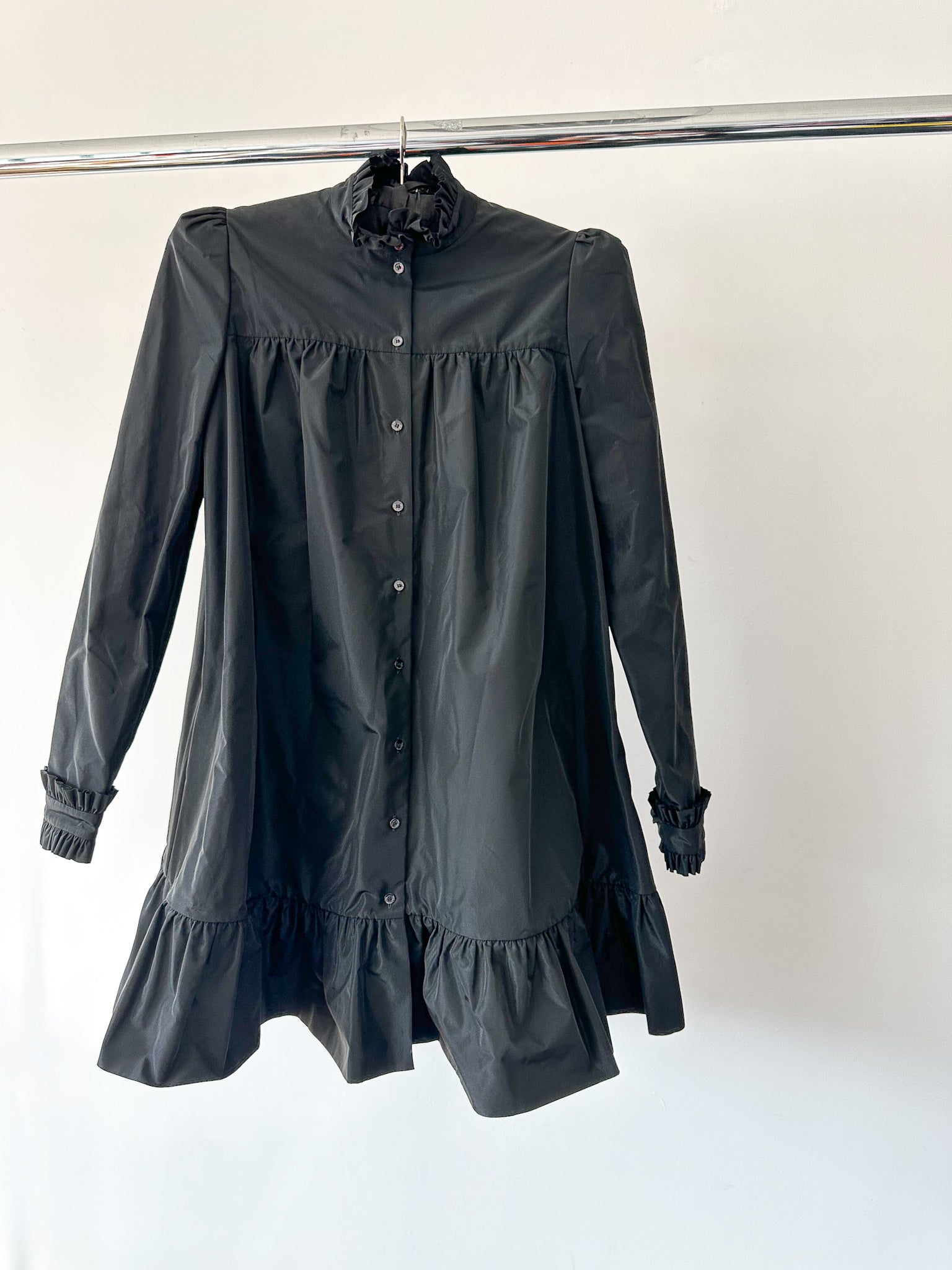 The Vampire's Wife The Splitter Black Taffeta Pleat Detail Ruffle Trim Dress - House Of Huntington