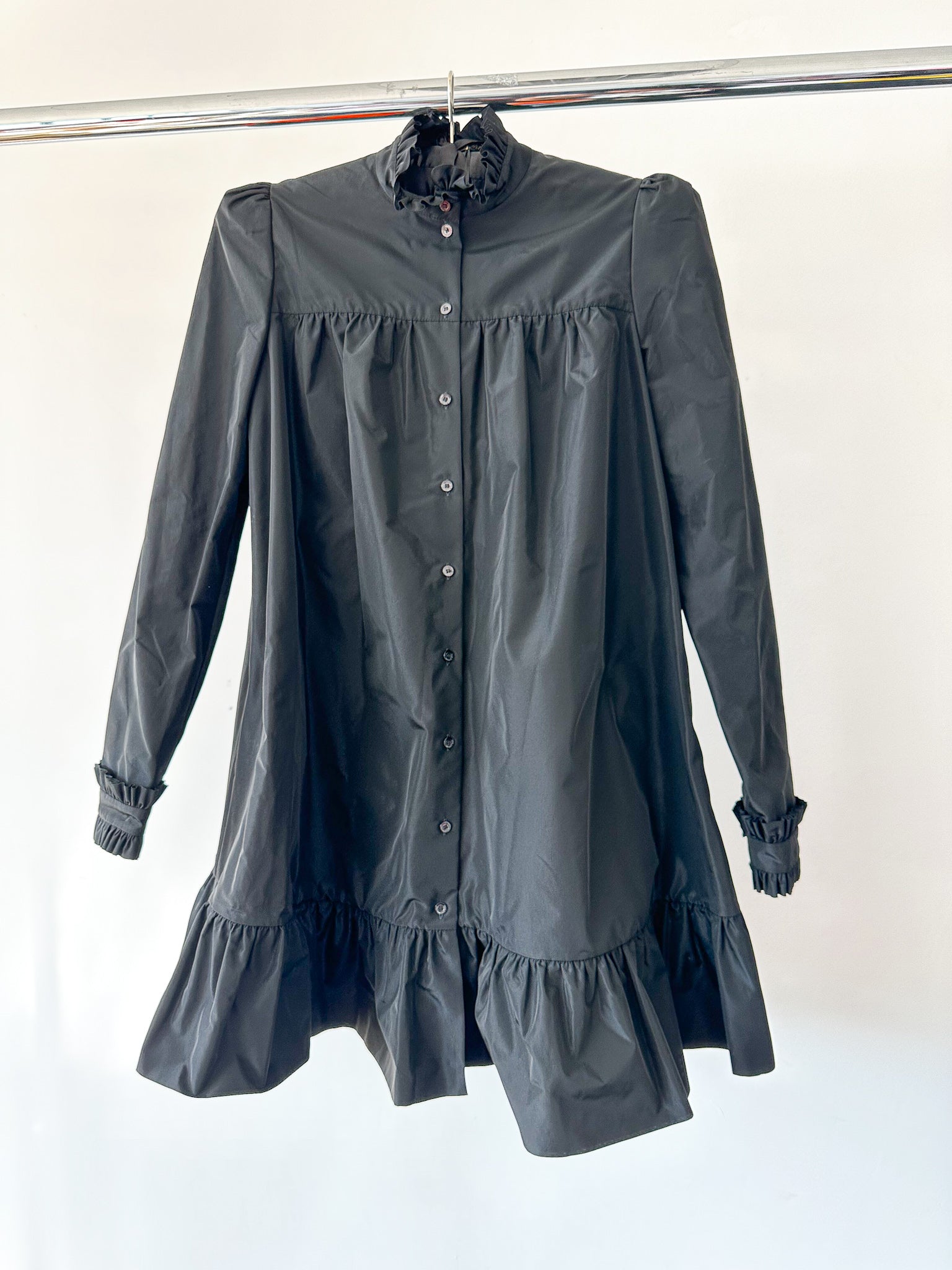 The Vampire's Wife The Splitter Black Taffeta Pleat Detail Ruffle Trim Dress - House Of Huntington