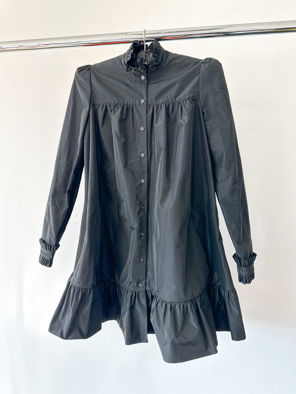 The Vampire's Wife The Splitter Black Taffeta Pleat Detail Ruffle Trim Dress - House Of Huntington