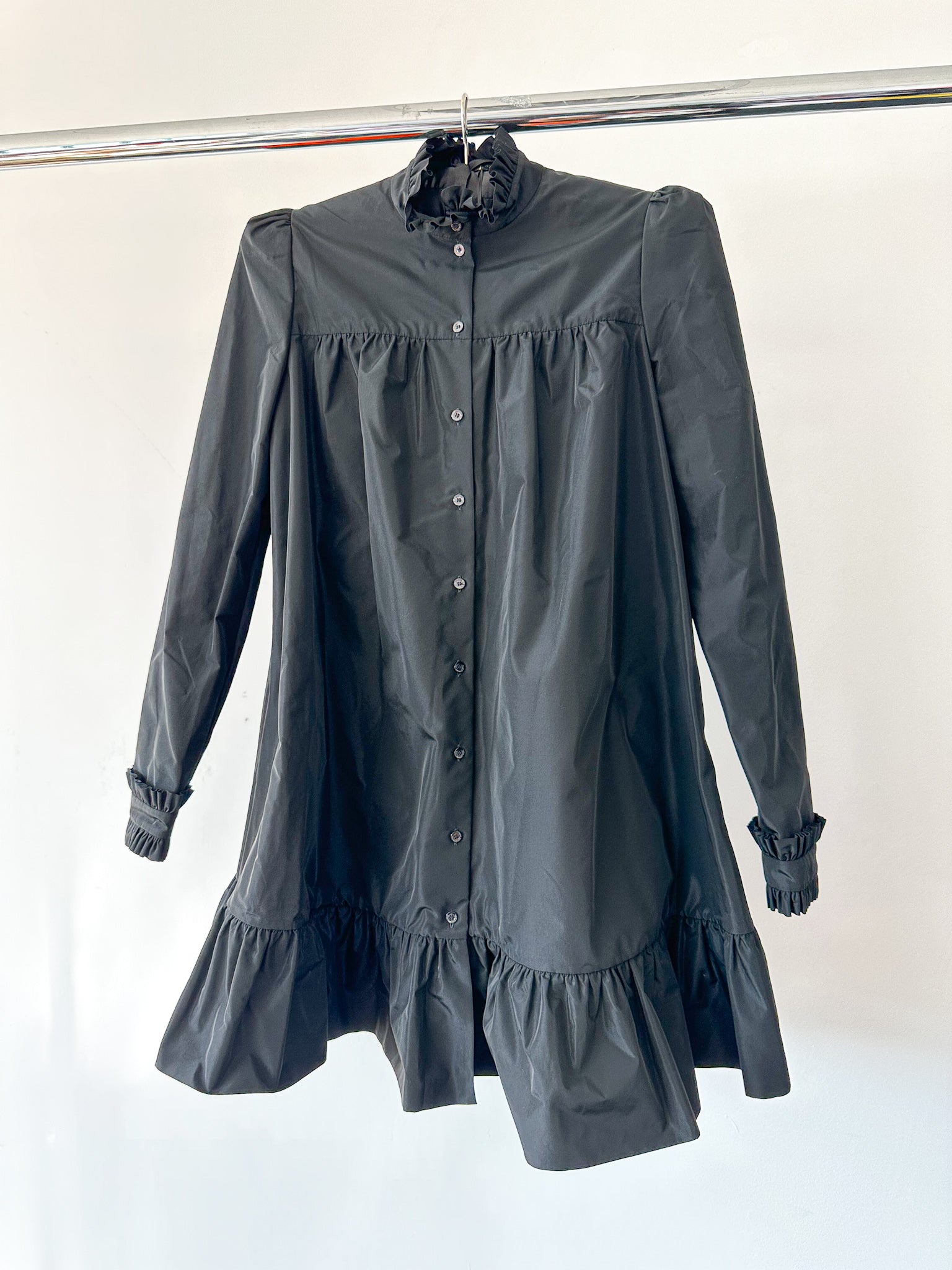 The Vampire's Wife The Splitter Black Taffeta Pleat Detail Ruffle Trim Dress - House Of Huntington