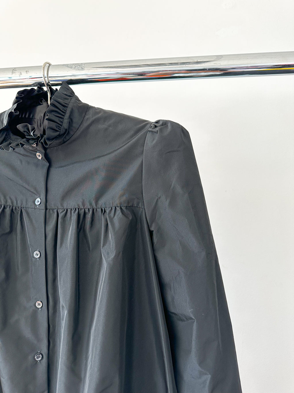 The Vampire's Wife The Splitter Black Taffeta Pleat Detail Ruffle Trim Dress - House Of Huntington