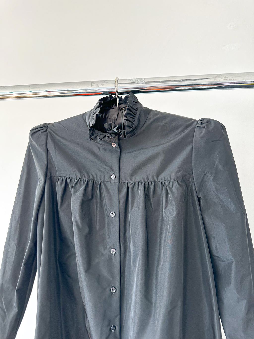 The Vampire's Wife The Splitter Black Taffeta Pleat Detail Ruffle Trim Dress - House Of Huntington