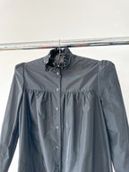 The Vampire's Wife The Splitter Black Taffeta Pleat Detail Ruffle Trim Dress - House Of Huntington