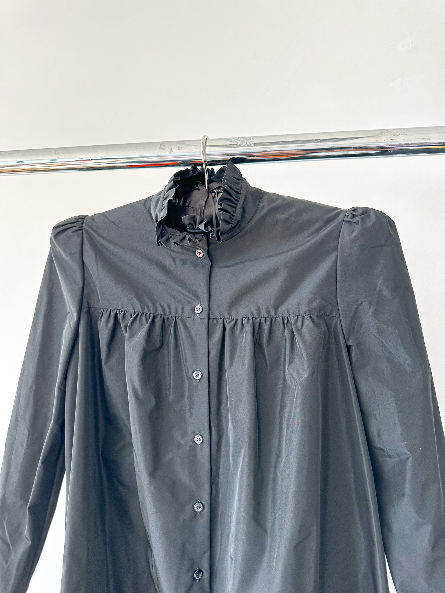 The Vampire's Wife The Splitter Black Taffeta Pleat Detail Ruffle Trim Dress - House Of Huntington